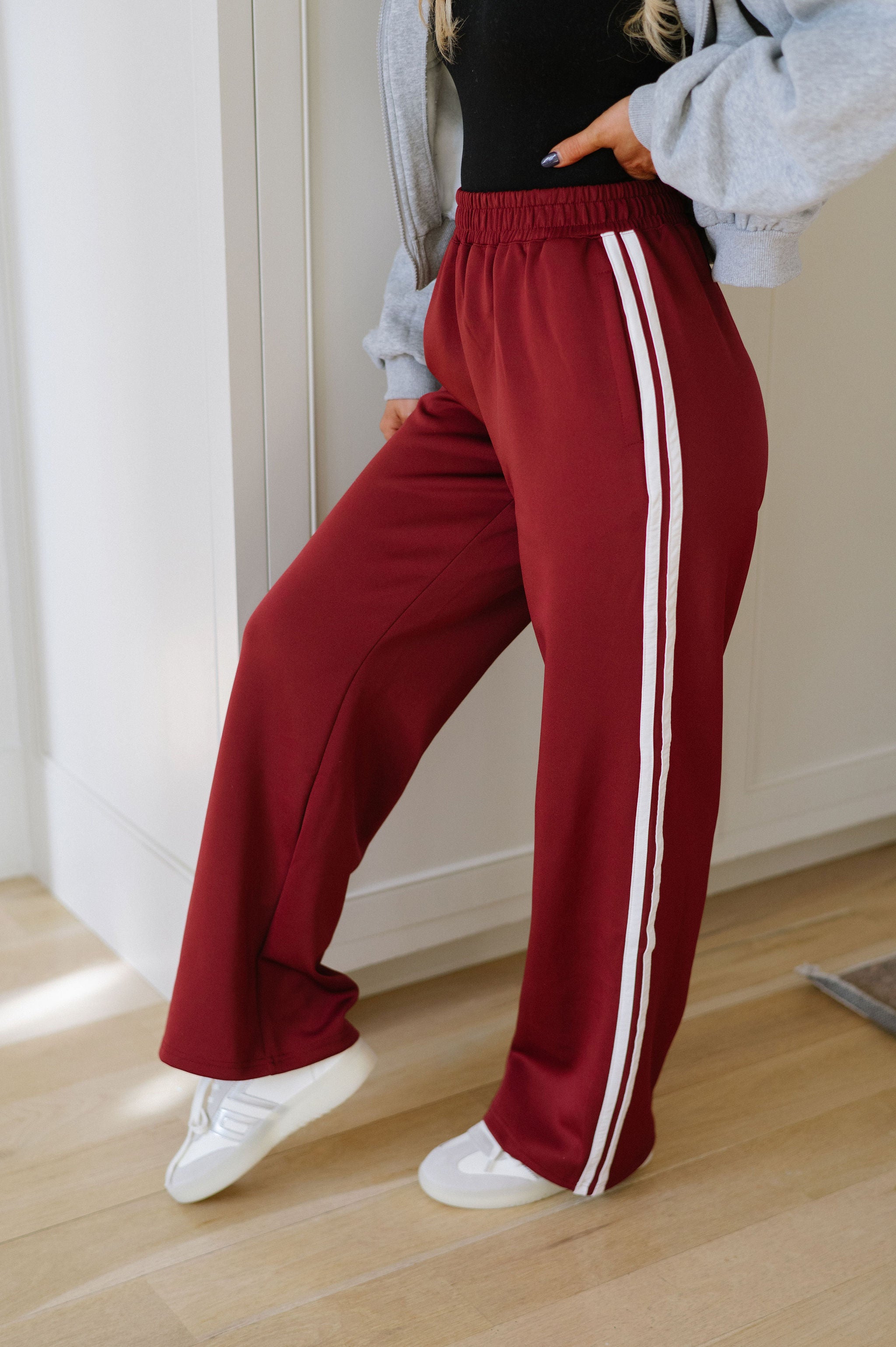 Wide Leg Track Pants- Burgundy