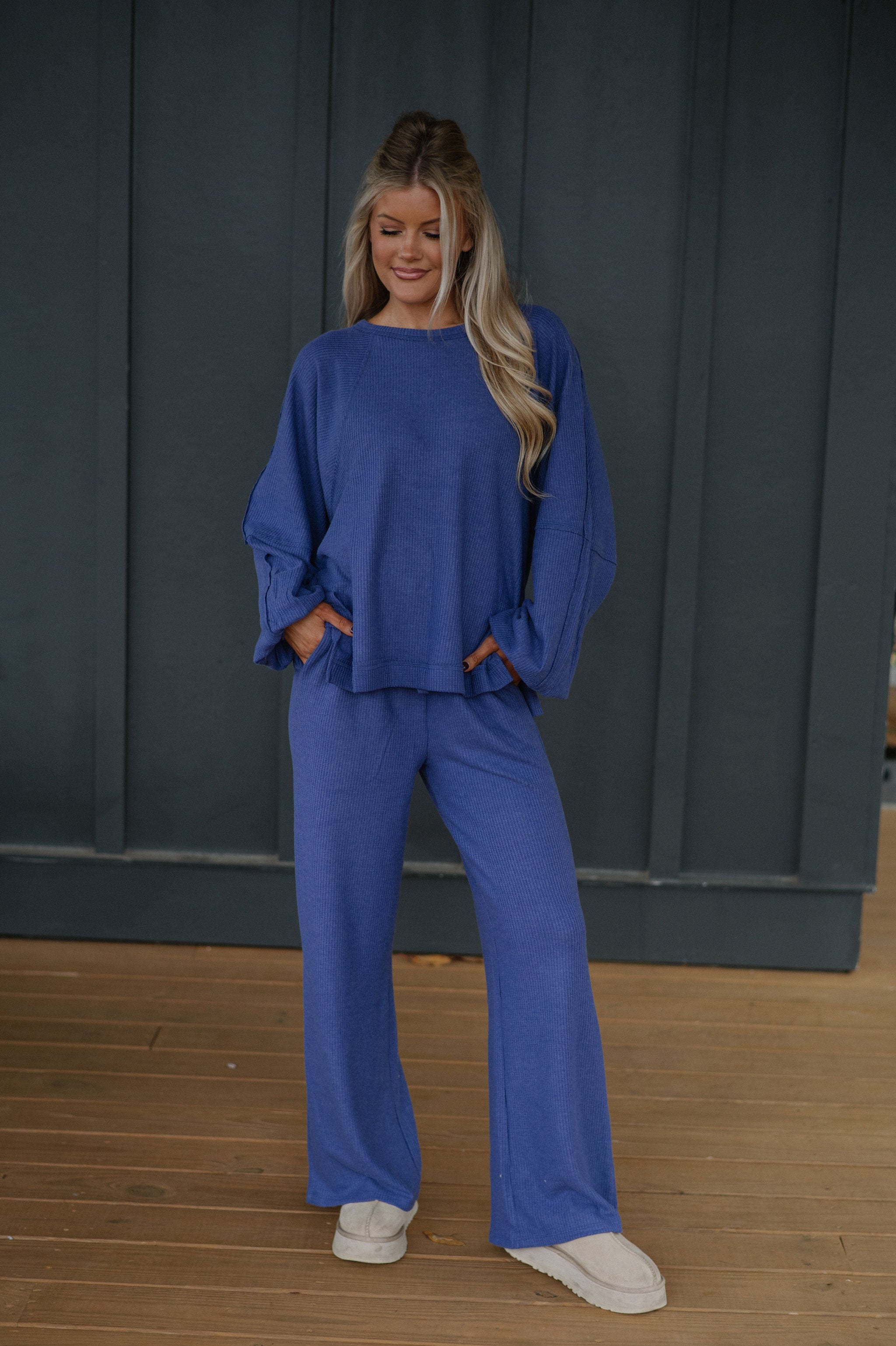 Brushed Waffle Knit Set-Dusty Indigo