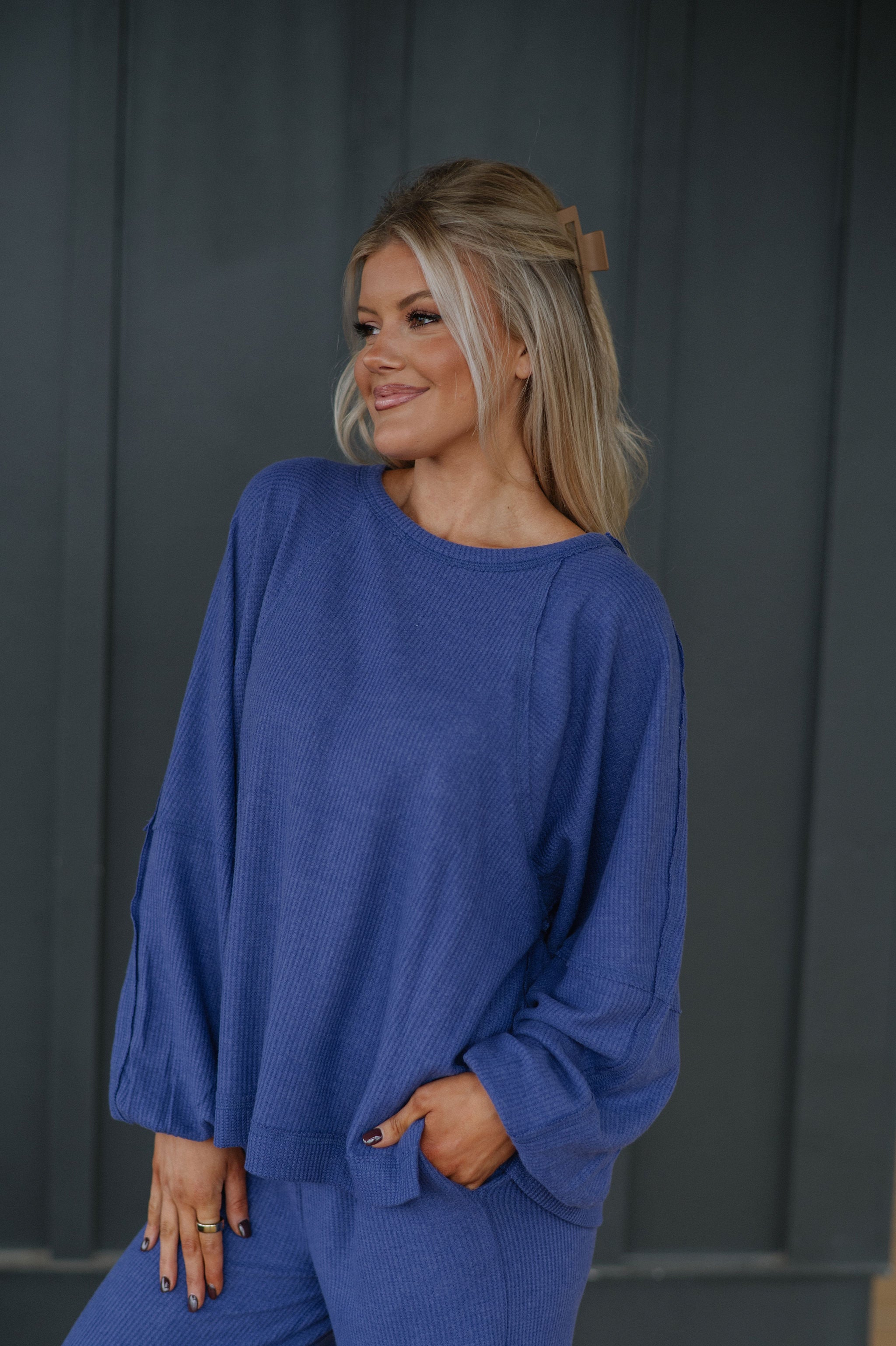 Brushed Waffle Knit Set-Dusty Indigo