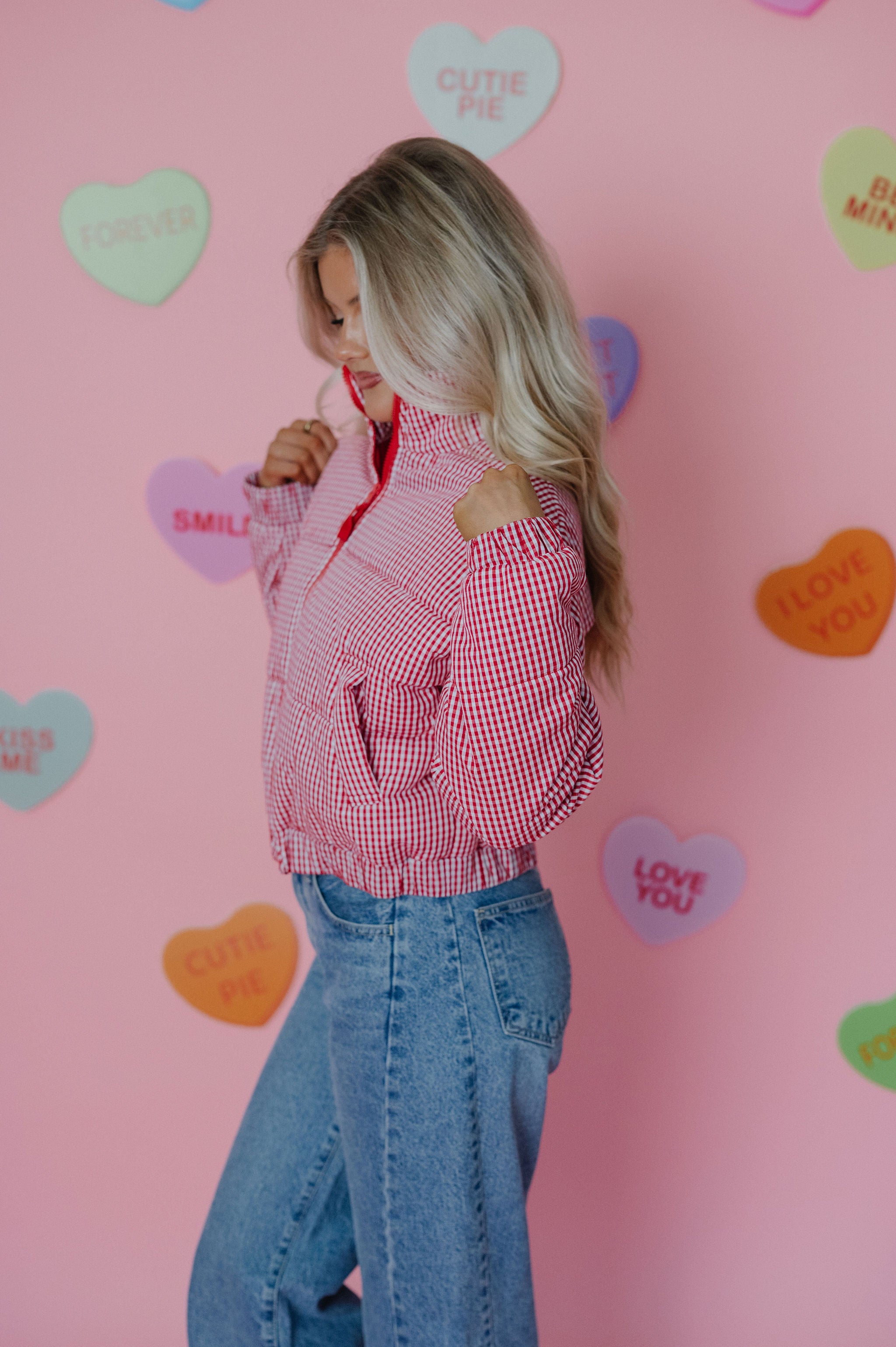 Hollen Gingham Puffer Jacket-Red/White