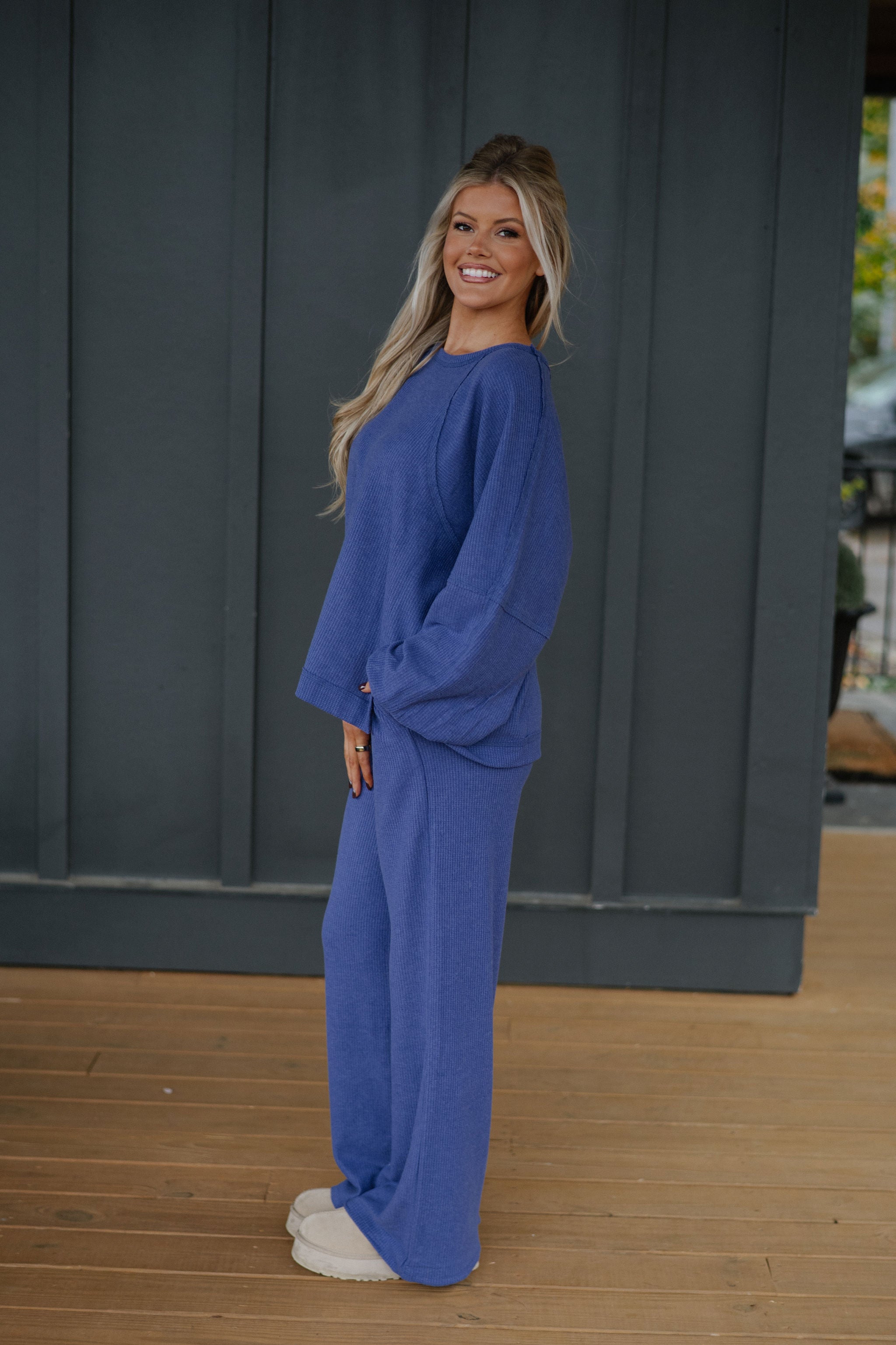 Brushed Waffle Knit Set-Dusty Indigo