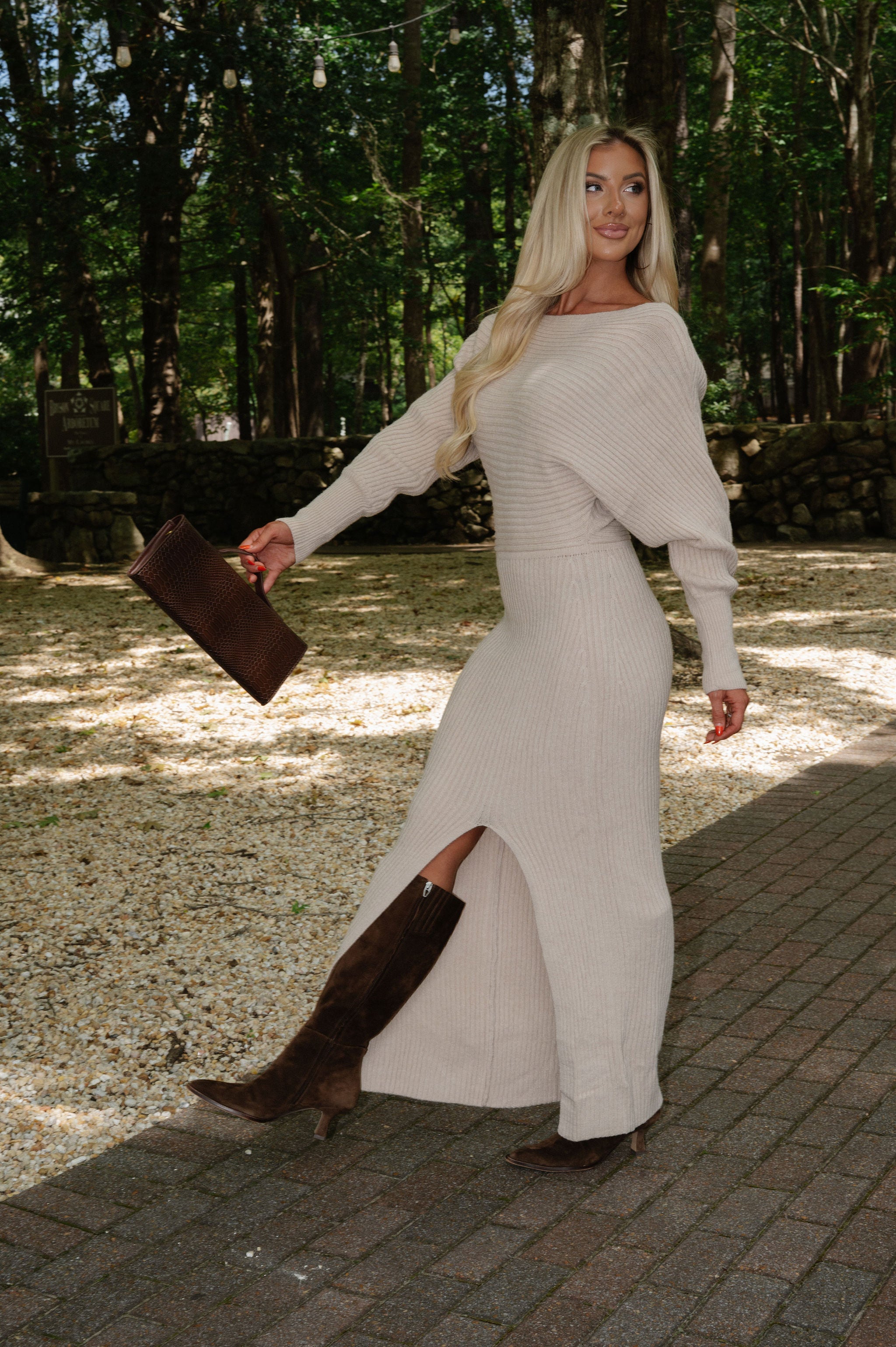 Covens  Sweater Knit Maxi Dress-Light Taupe