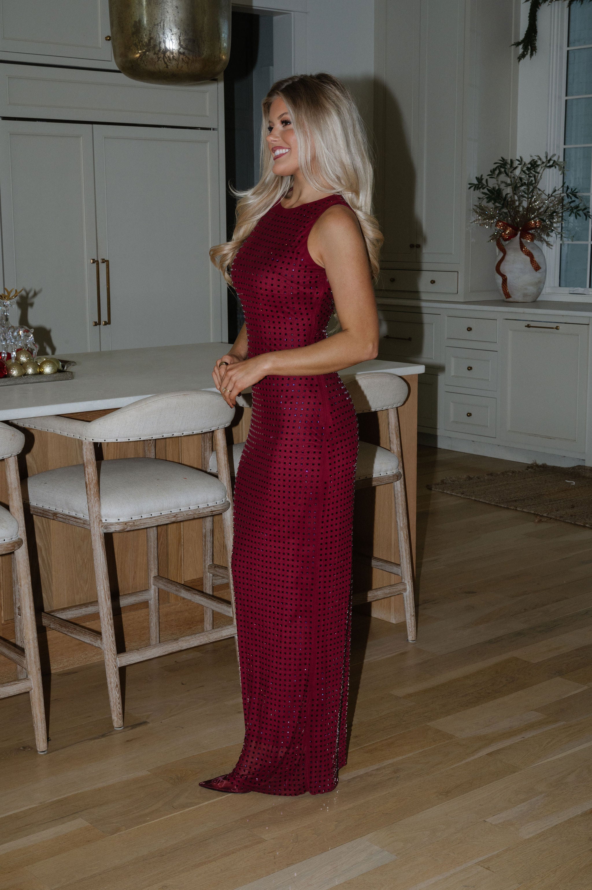 Holiday Rhinestone Maxi Dress-Burgundy