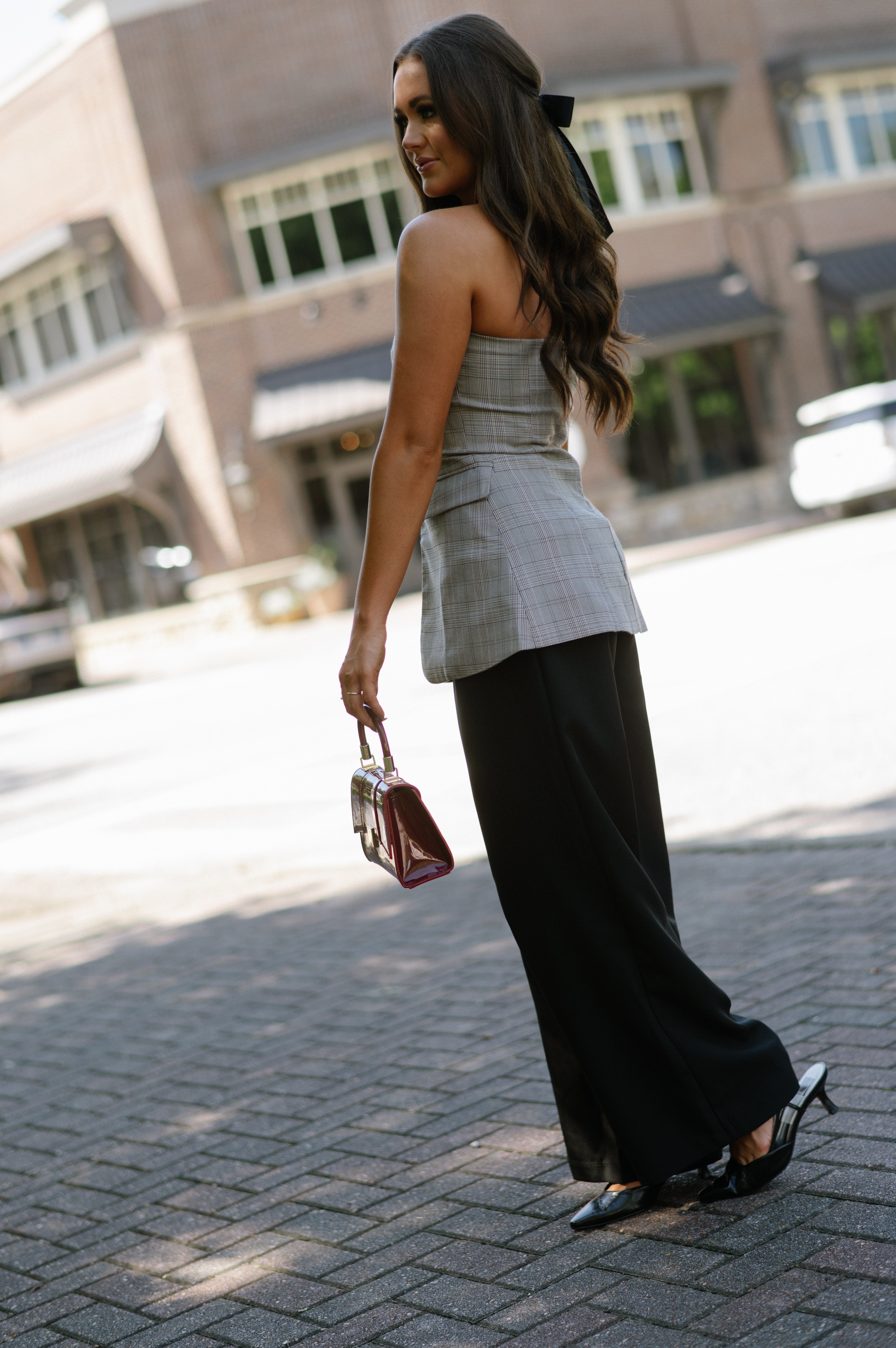 Plaid Strapless Blazer Top-Taupe Multi