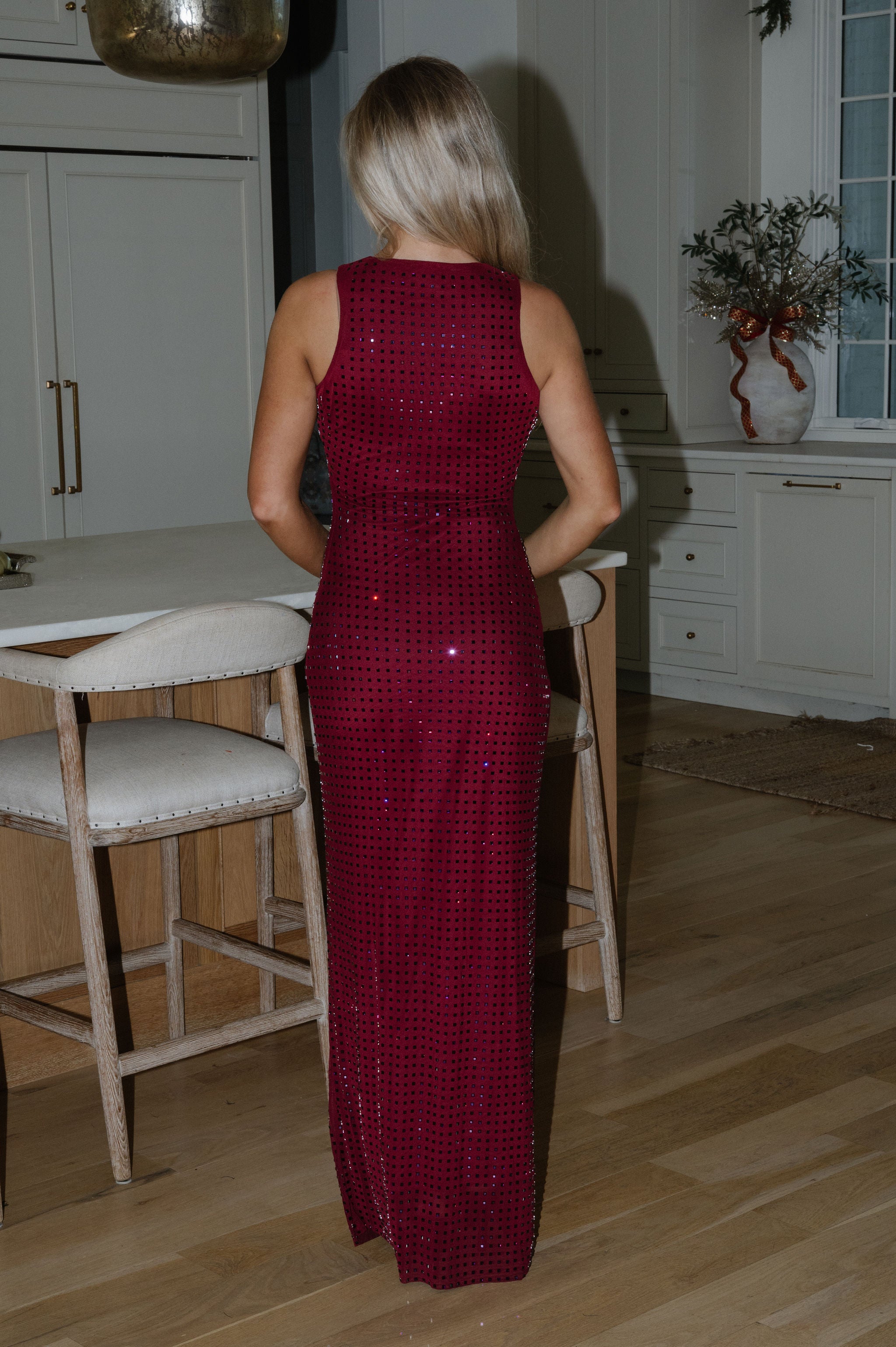 Holiday Rhinestone Maxi Dress-Burgundy