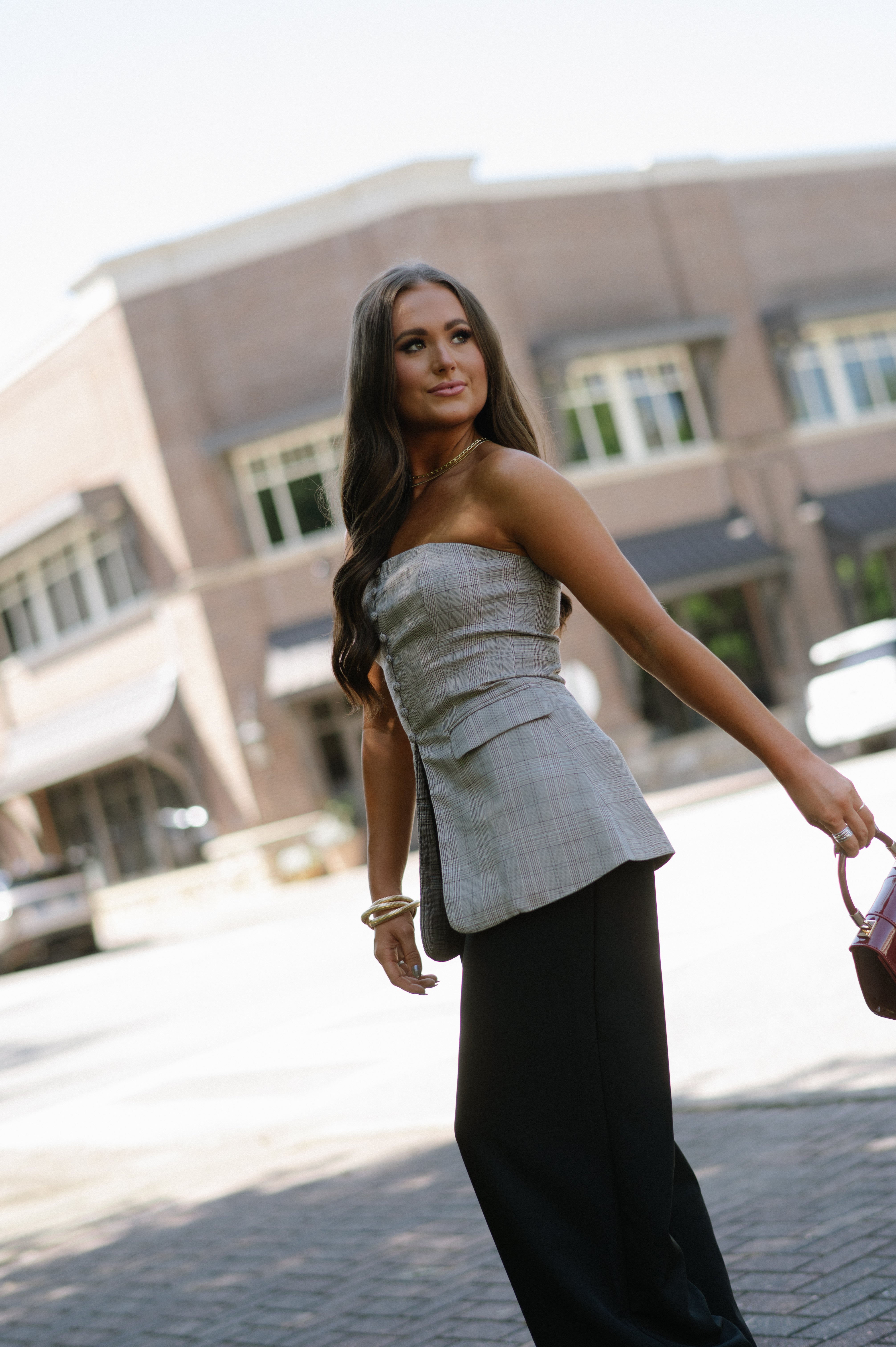 Plaid Strapless Blazer Top-Taupe Multi