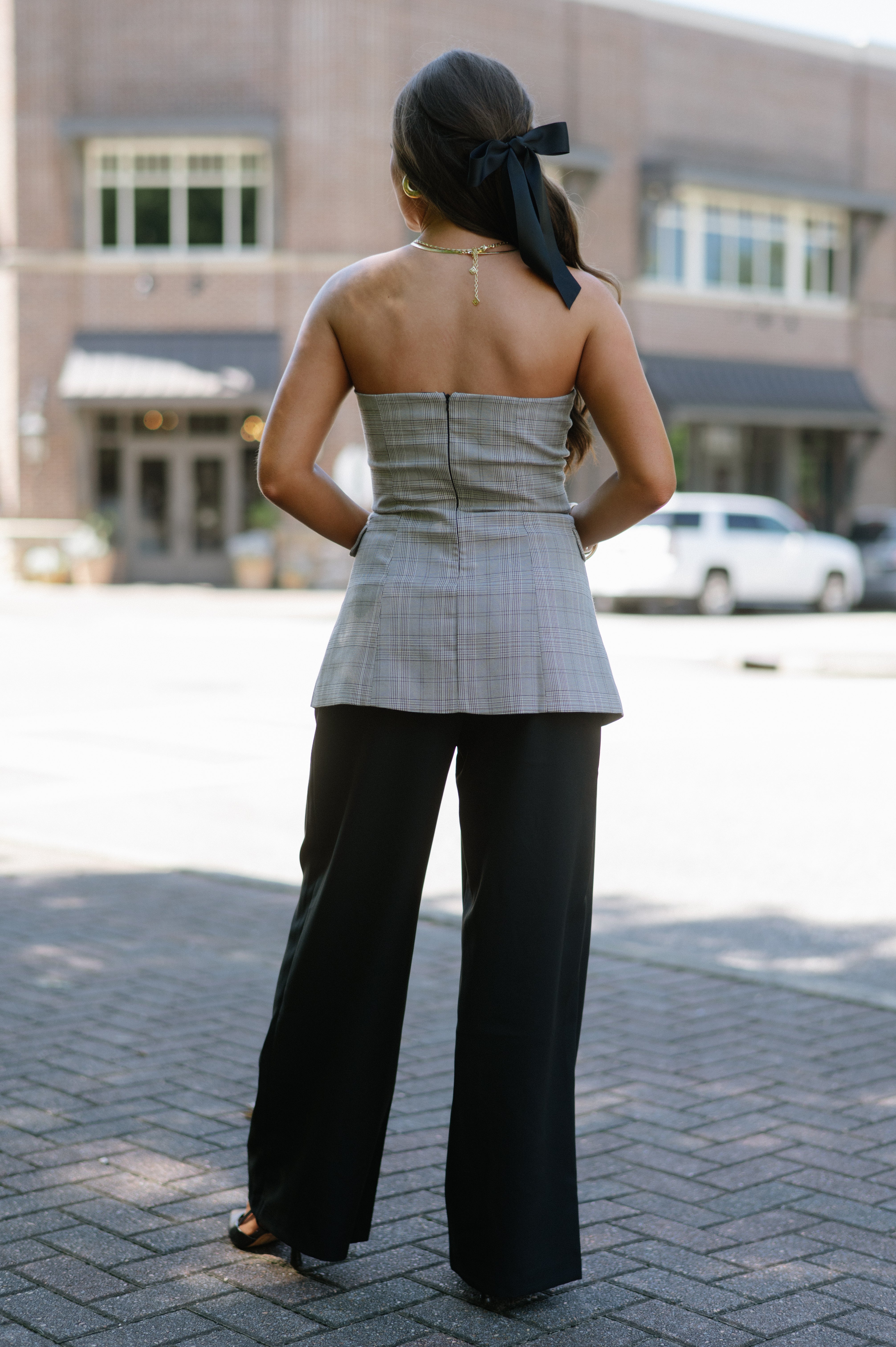 Plaid Strapless Blazer Top-Taupe Multi