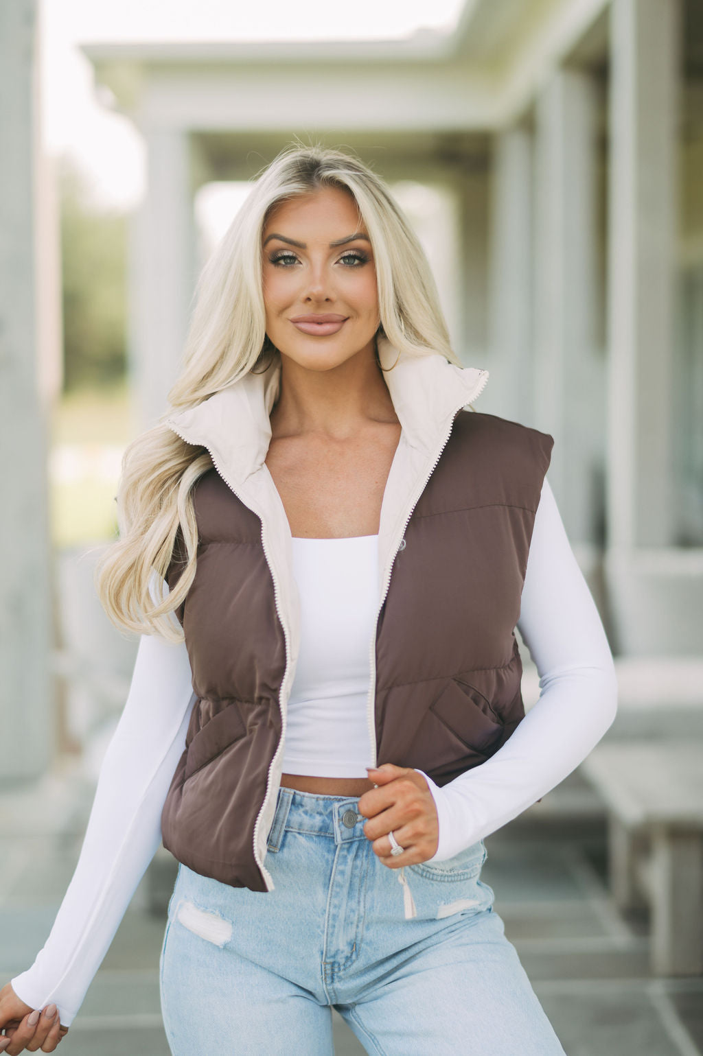 The Audrey Reversible Puffer Vest, Brown + Cream