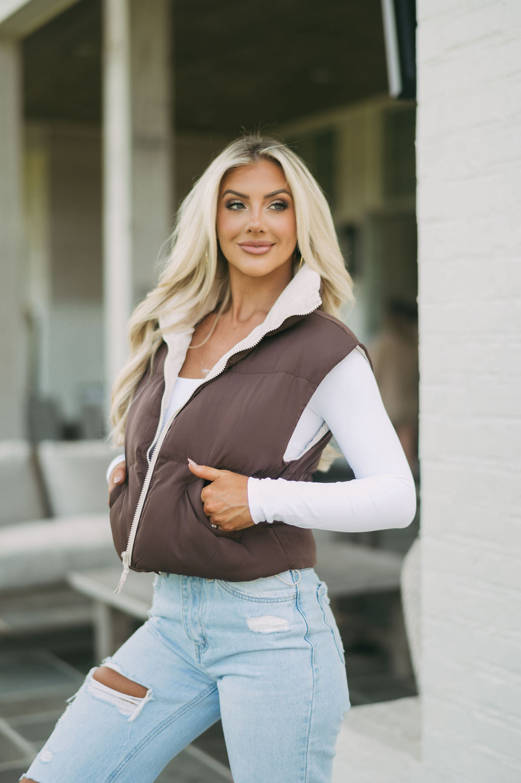 The Audrey Reversible Puffer Vest, Brown + Cream