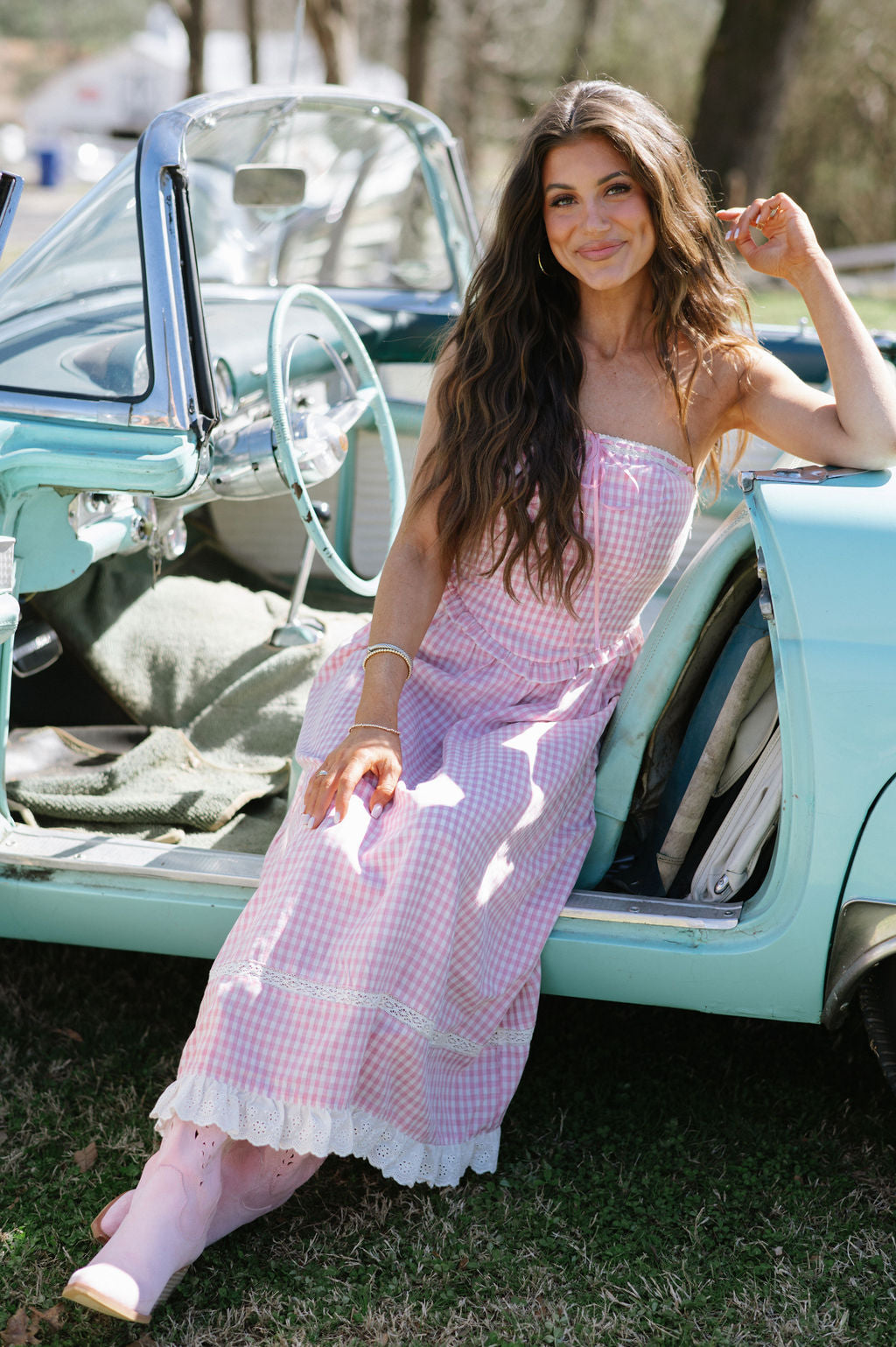 Gingham Lace Trimmed Maxi Dress-Pink