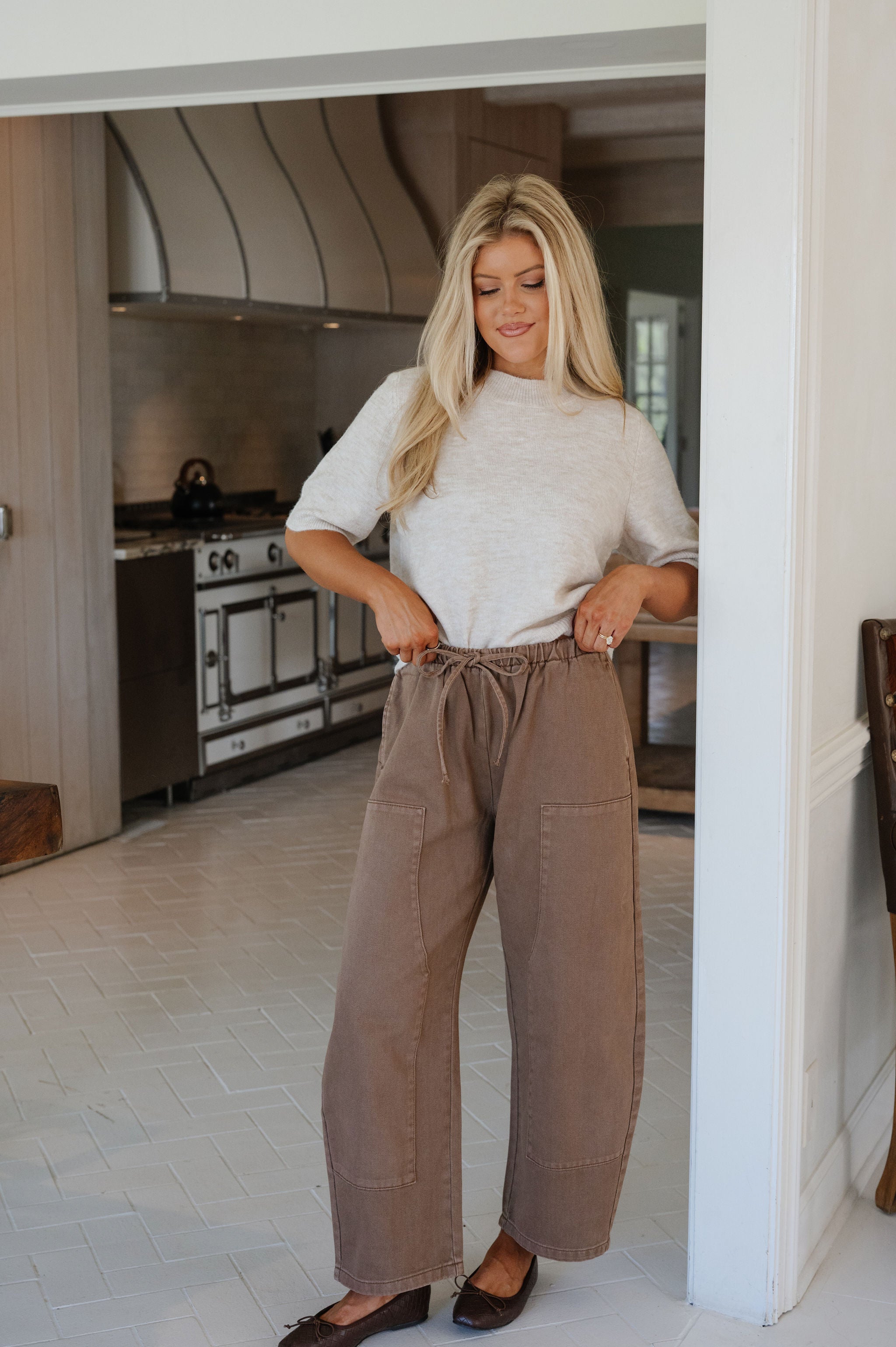 Hailey Drawstring Barrel Jeans-Chocolate