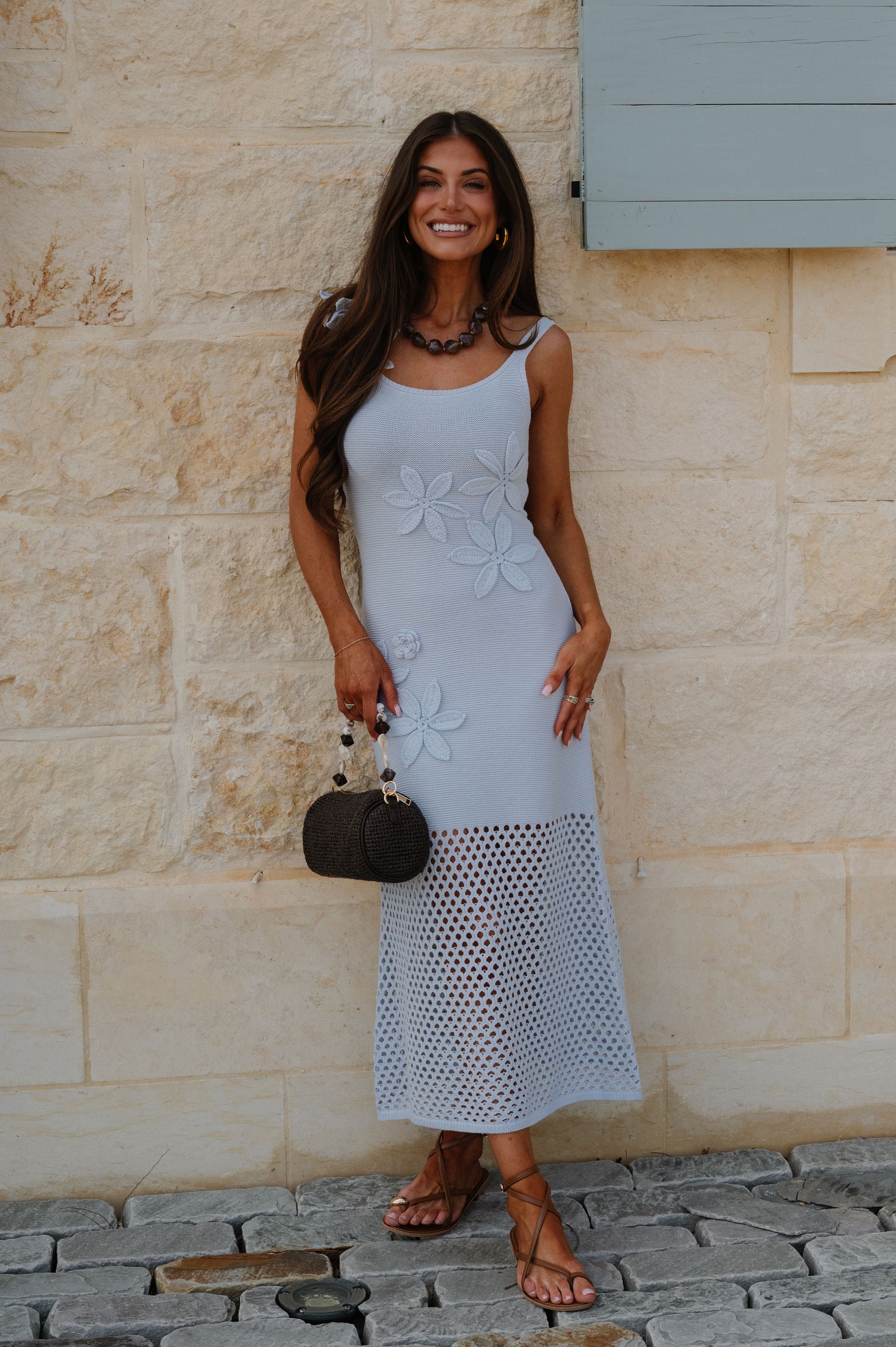 Floral Applique Knit Maxi Dress-Sky