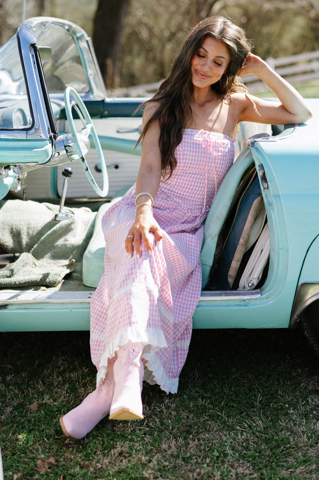 Gingham Lace Trimmed Maxi Dress-Pink