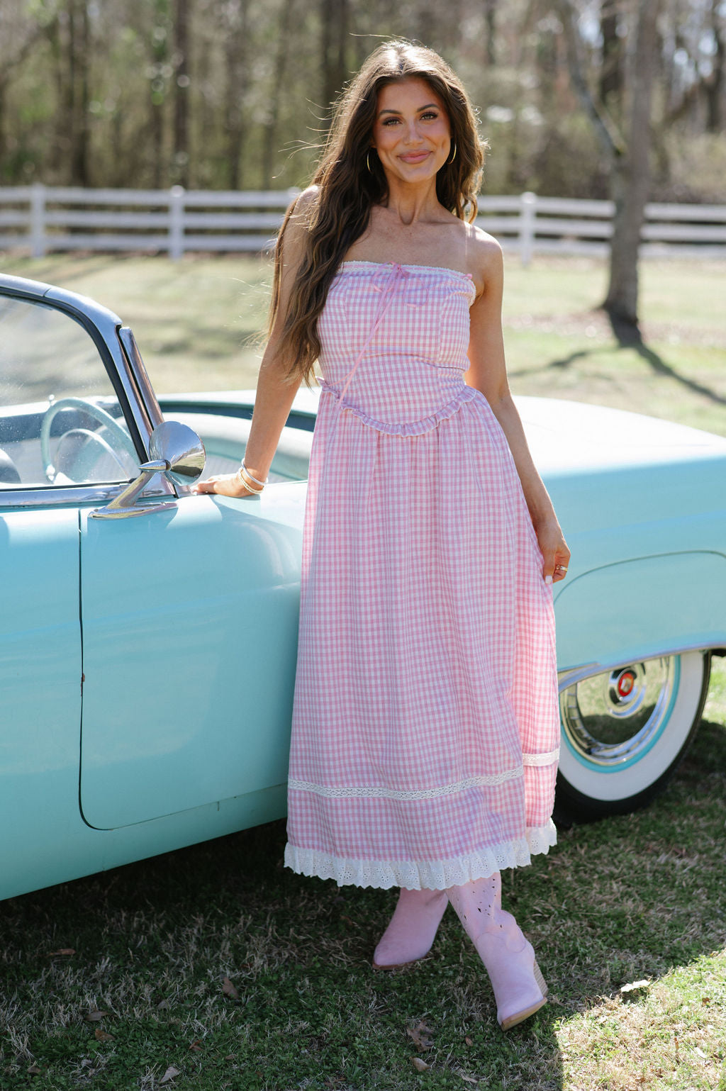 Gingham Lace Trimmed Maxi Dress-Pink