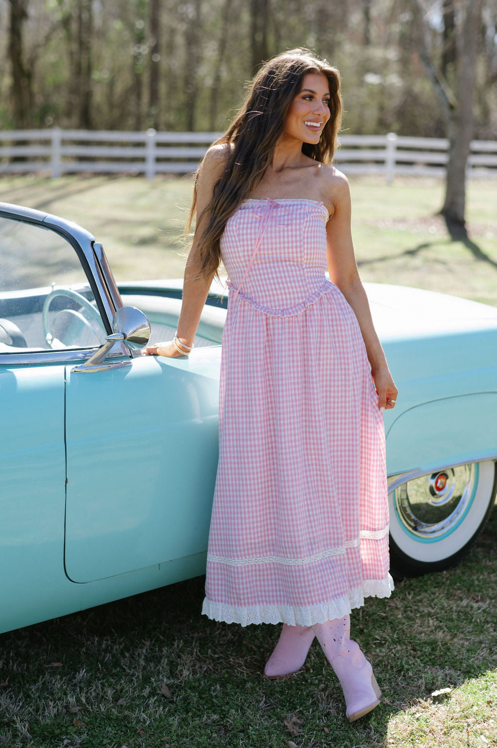 Gingham Lace Trimmed Maxi Dress-Pink