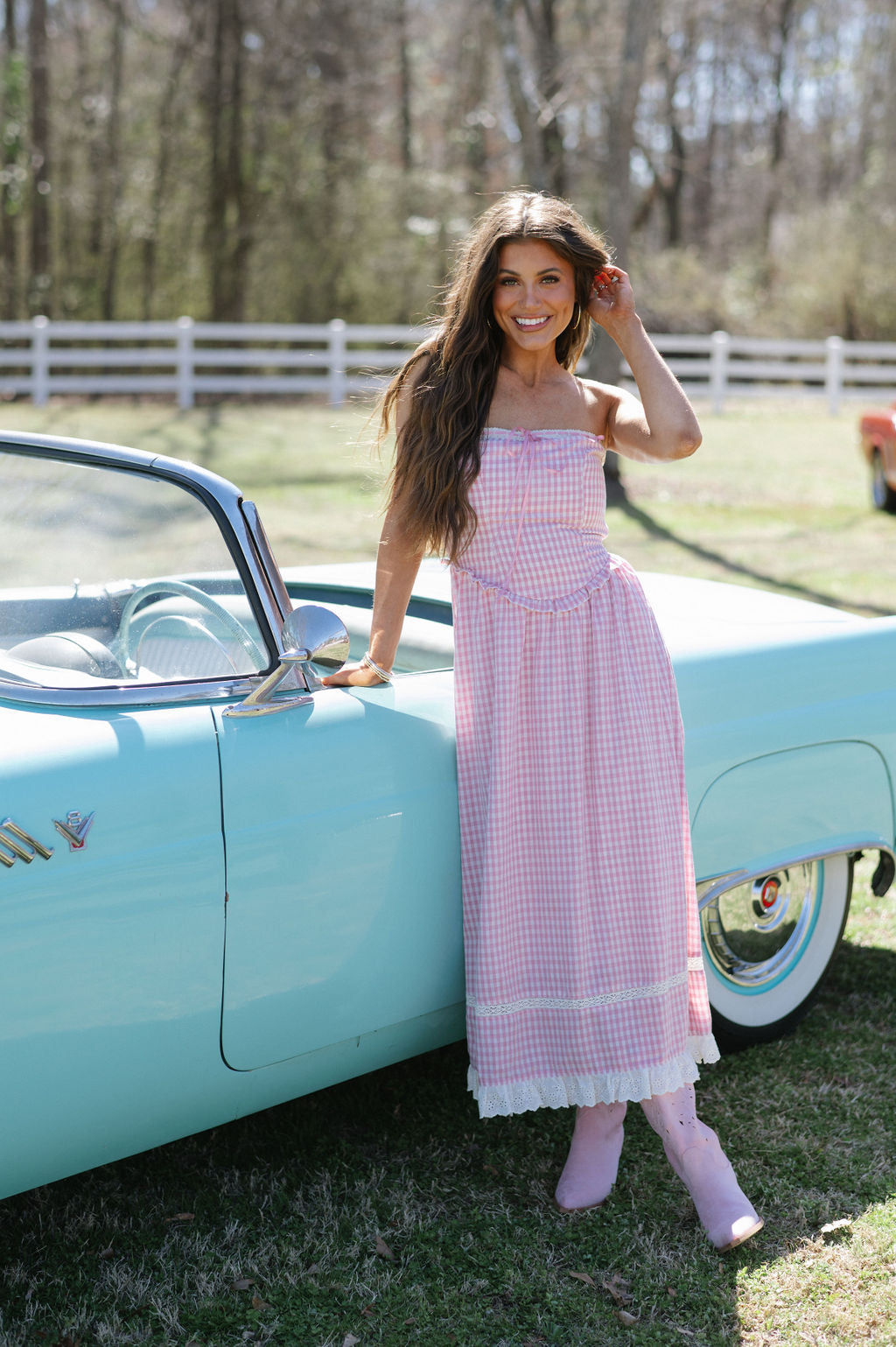 Gingham Lace Trimmed Maxi Dress-Pink