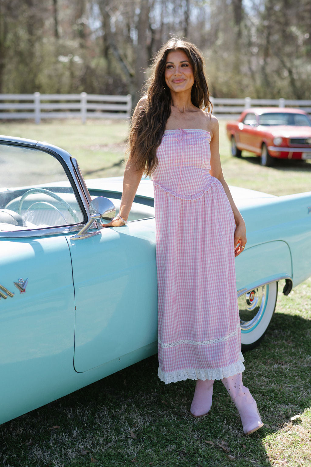 Gingham Lace Trimmed Maxi Dress-Pink