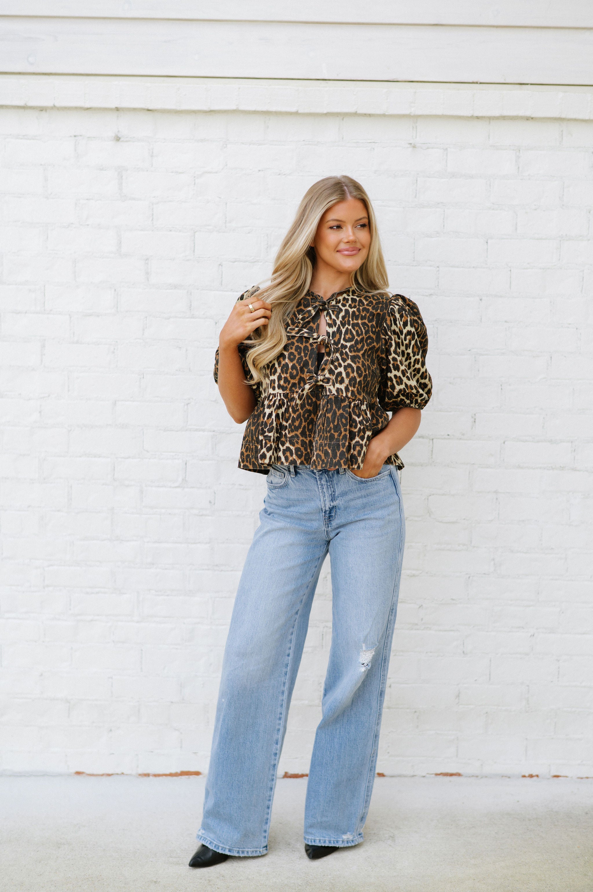 Norah Denim Top-Leopard