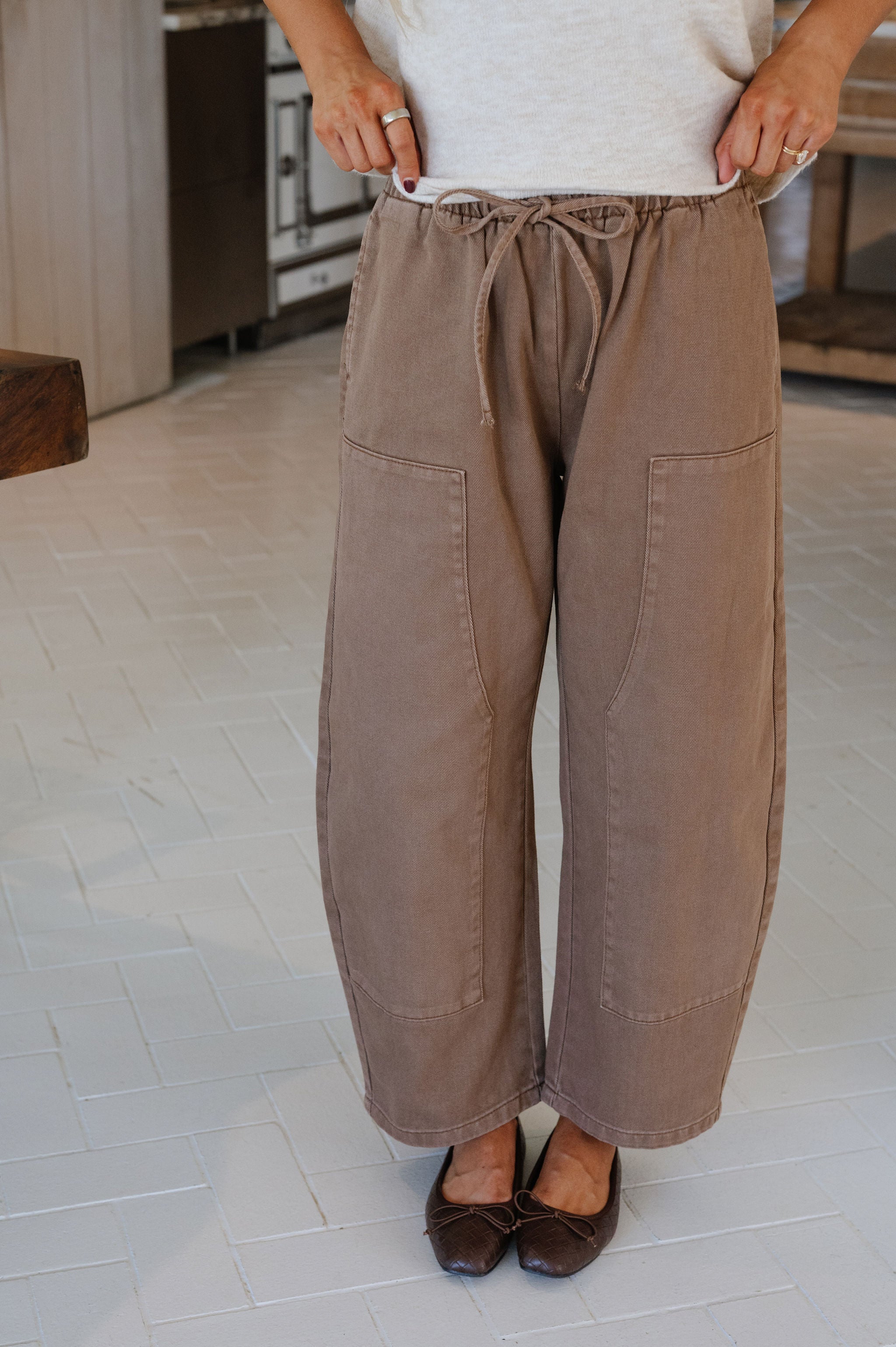 Hailey Drawstring Barrel Jeans-Chocolate