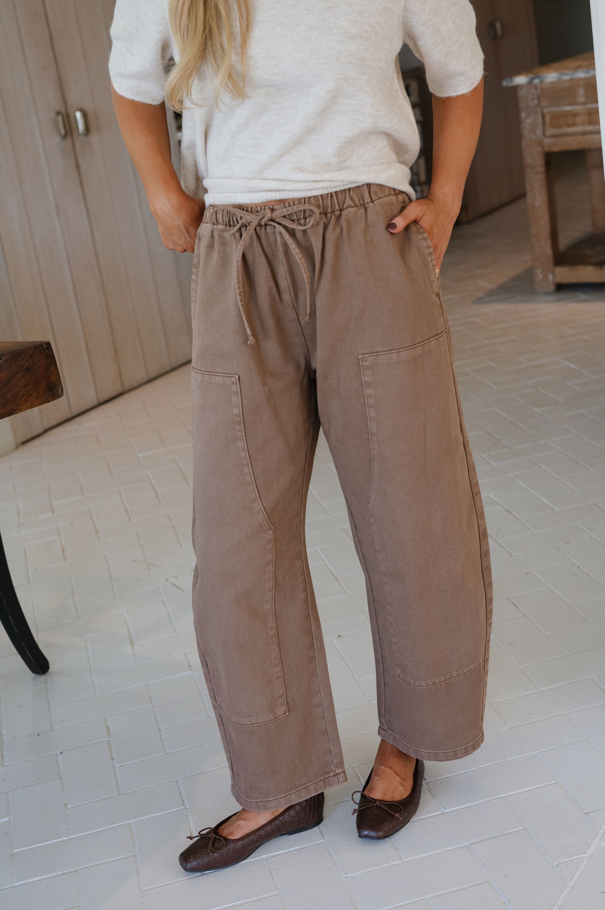 Hailey Drawstring Barrel Jeans-Chocolate