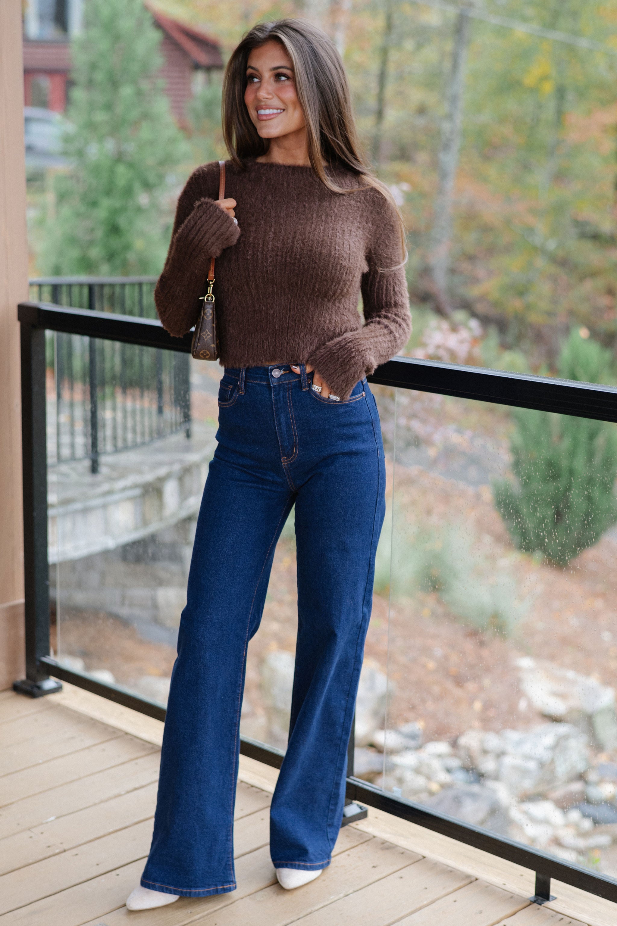 Francie Fuzzy Cropped Sweater-Brown