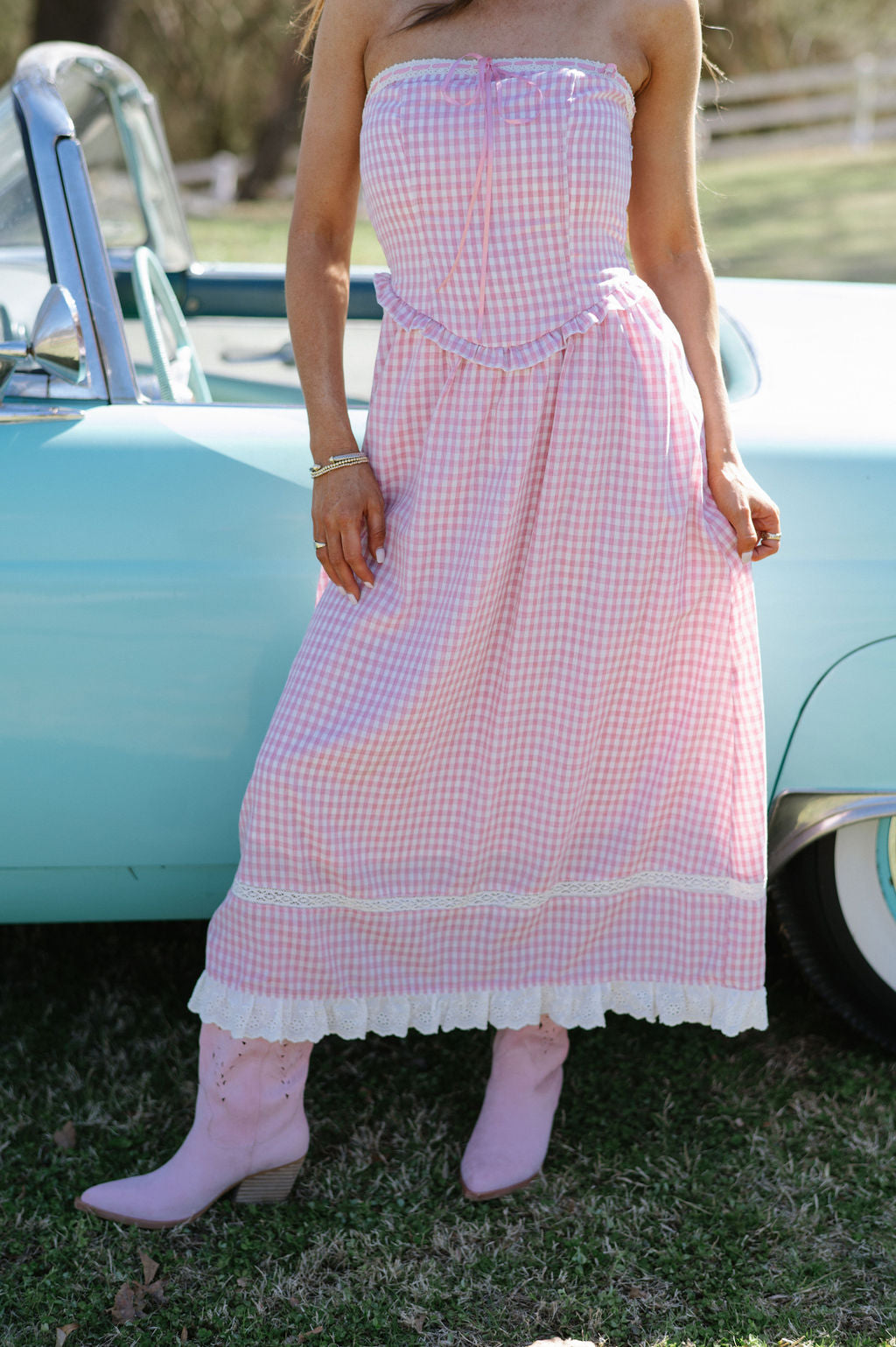 Gingham Lace Trimmed Maxi Dress-Pink