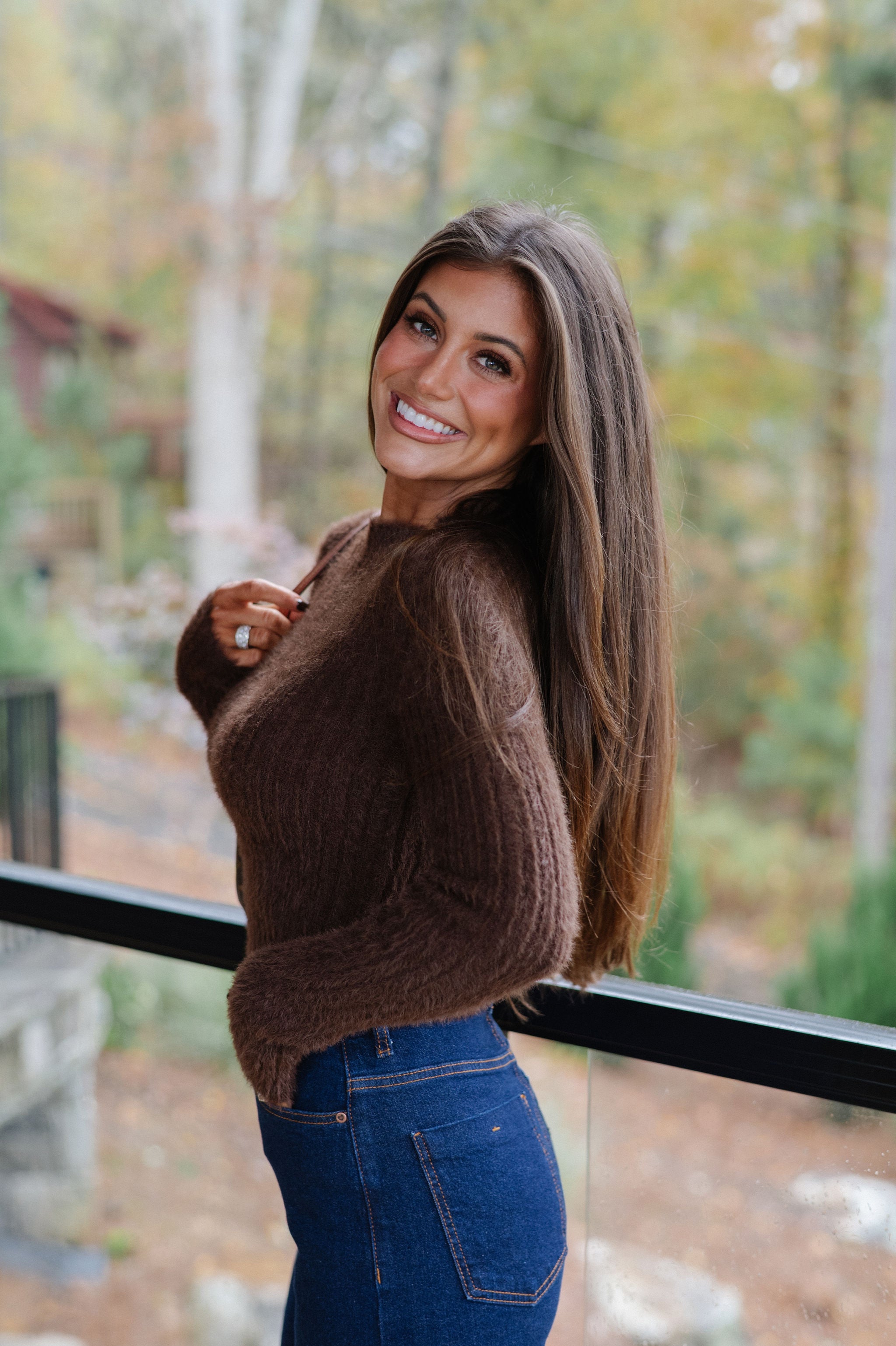 Francie Fuzzy Cropped Sweater-Brown