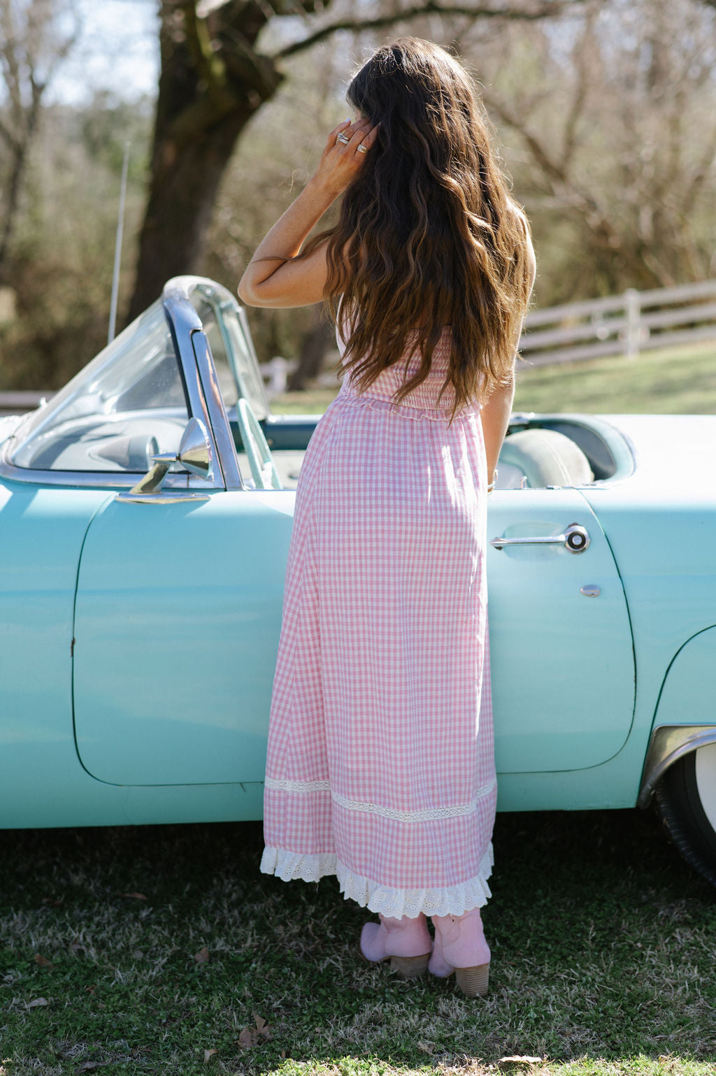 Gingham Lace Trimmed Maxi Dress-Pink