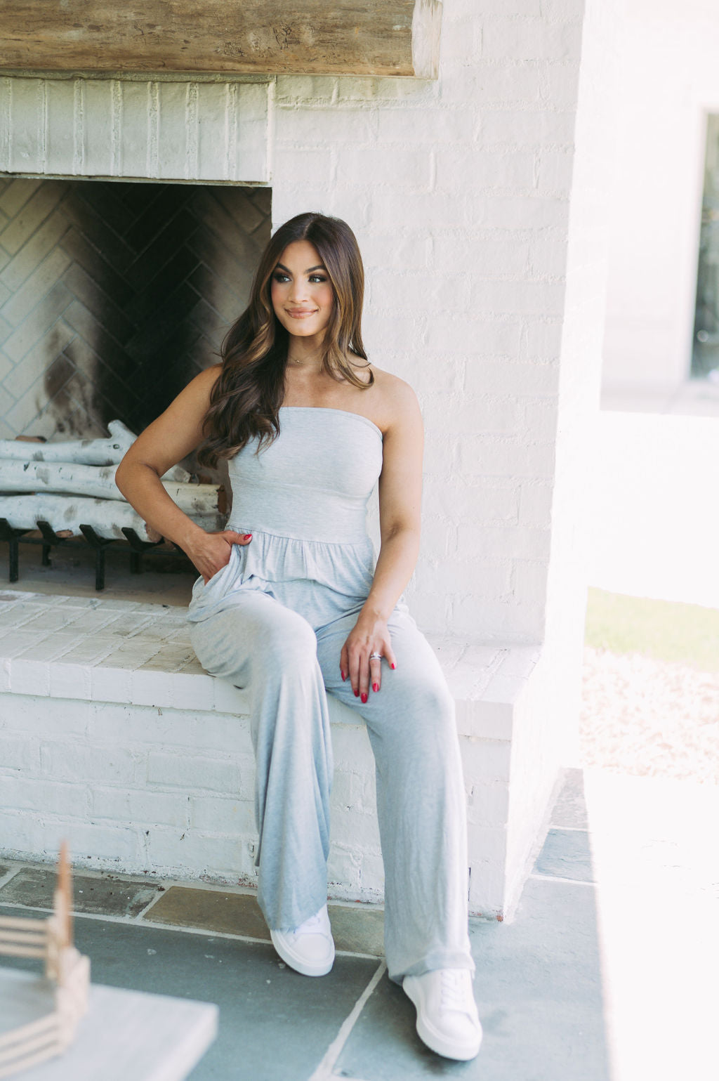 Strapless Flared Lounge Jumpsuit-Grey