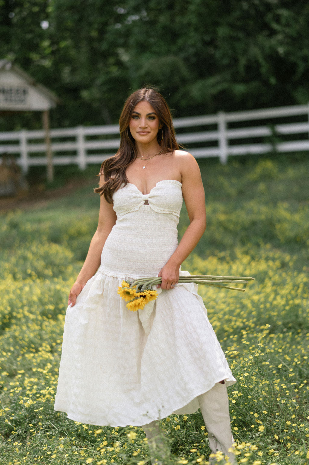 Drew Smocked Midi Dress-Ivory