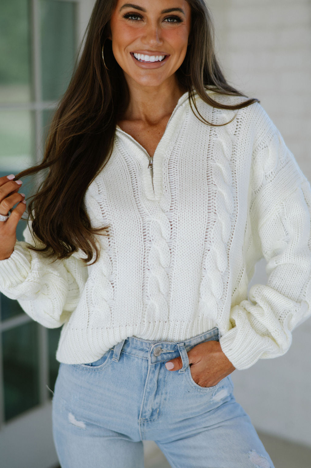 Half Zip Cable Knit Sweater-Cream