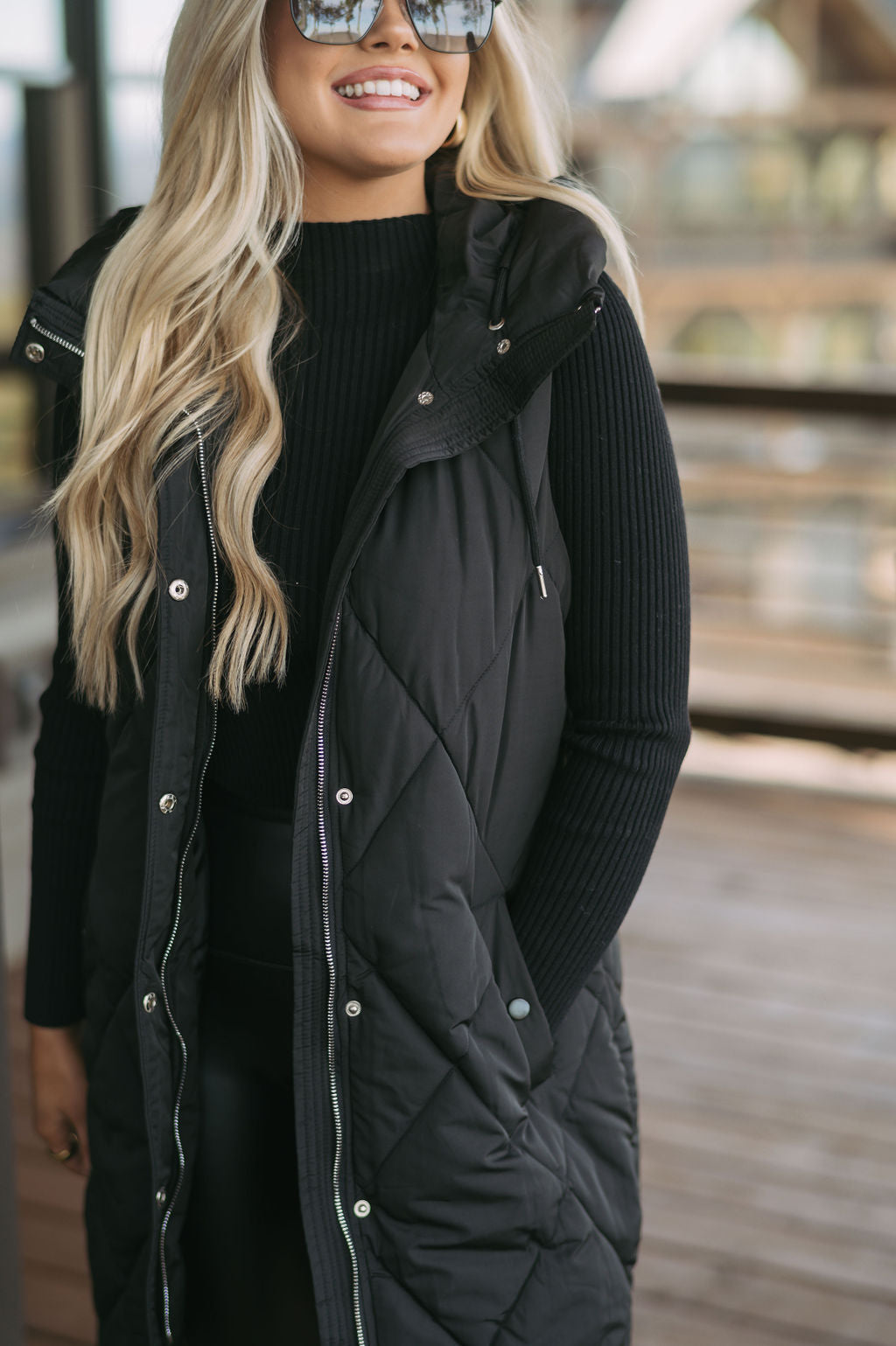 Leigh Quilted Long Vest-Black