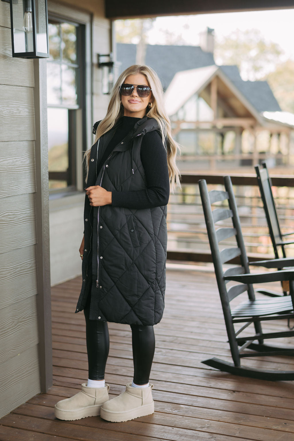 Leigh Quilted Long Vest-Black