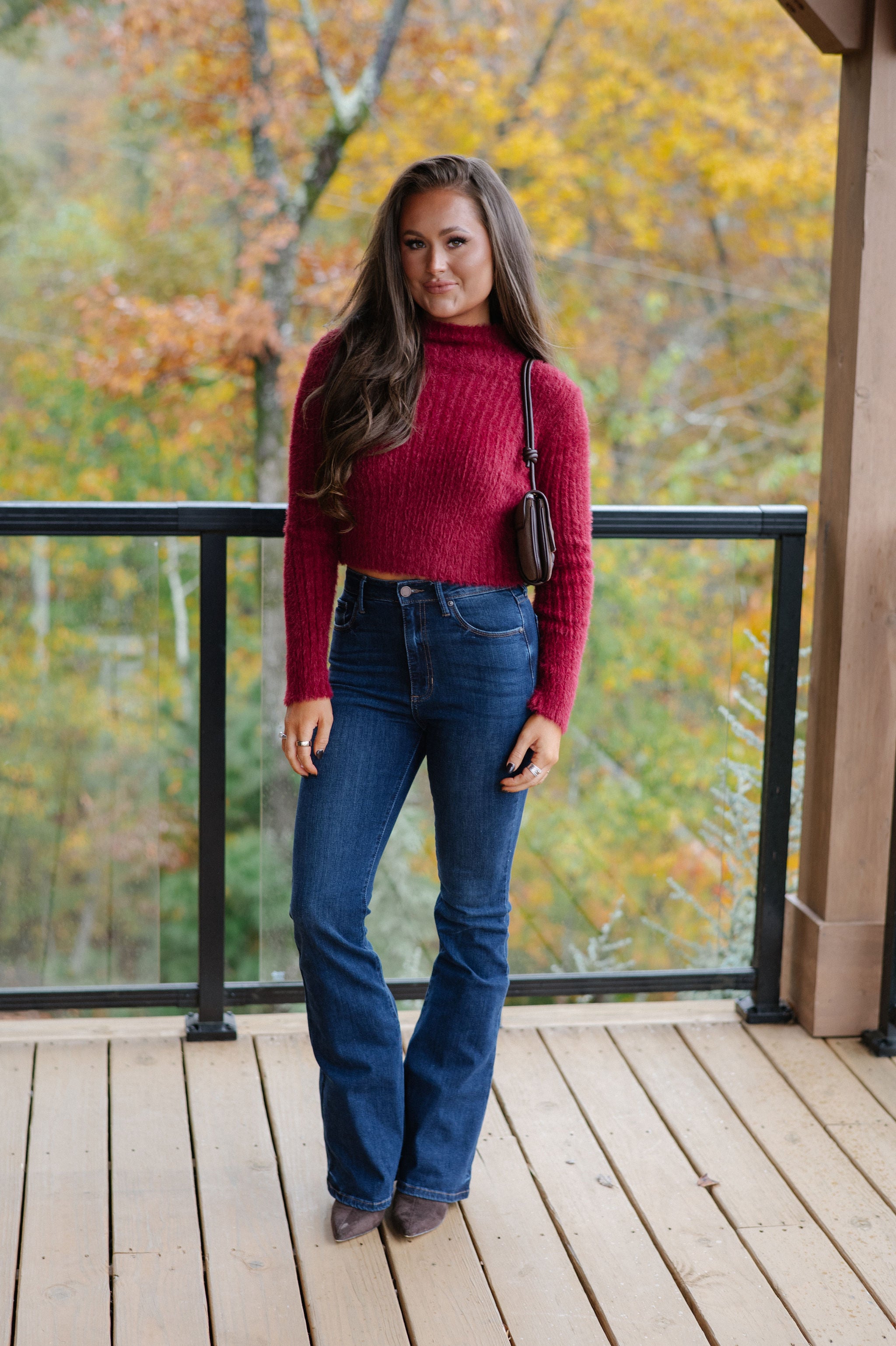 Francie Fuzzy Cropped Sweater-Burgundy