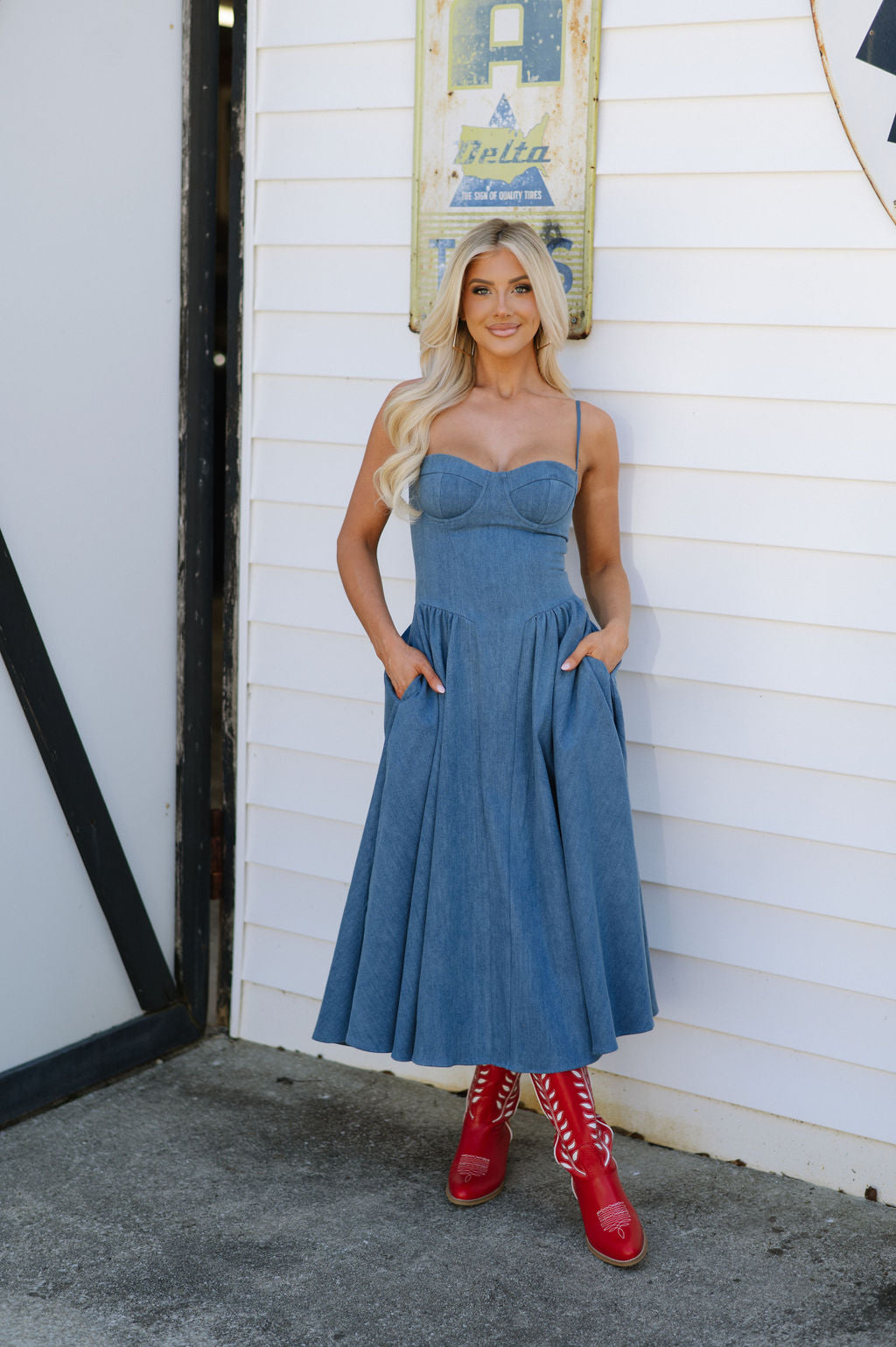 Fit N Flare Midi Dress-Denim