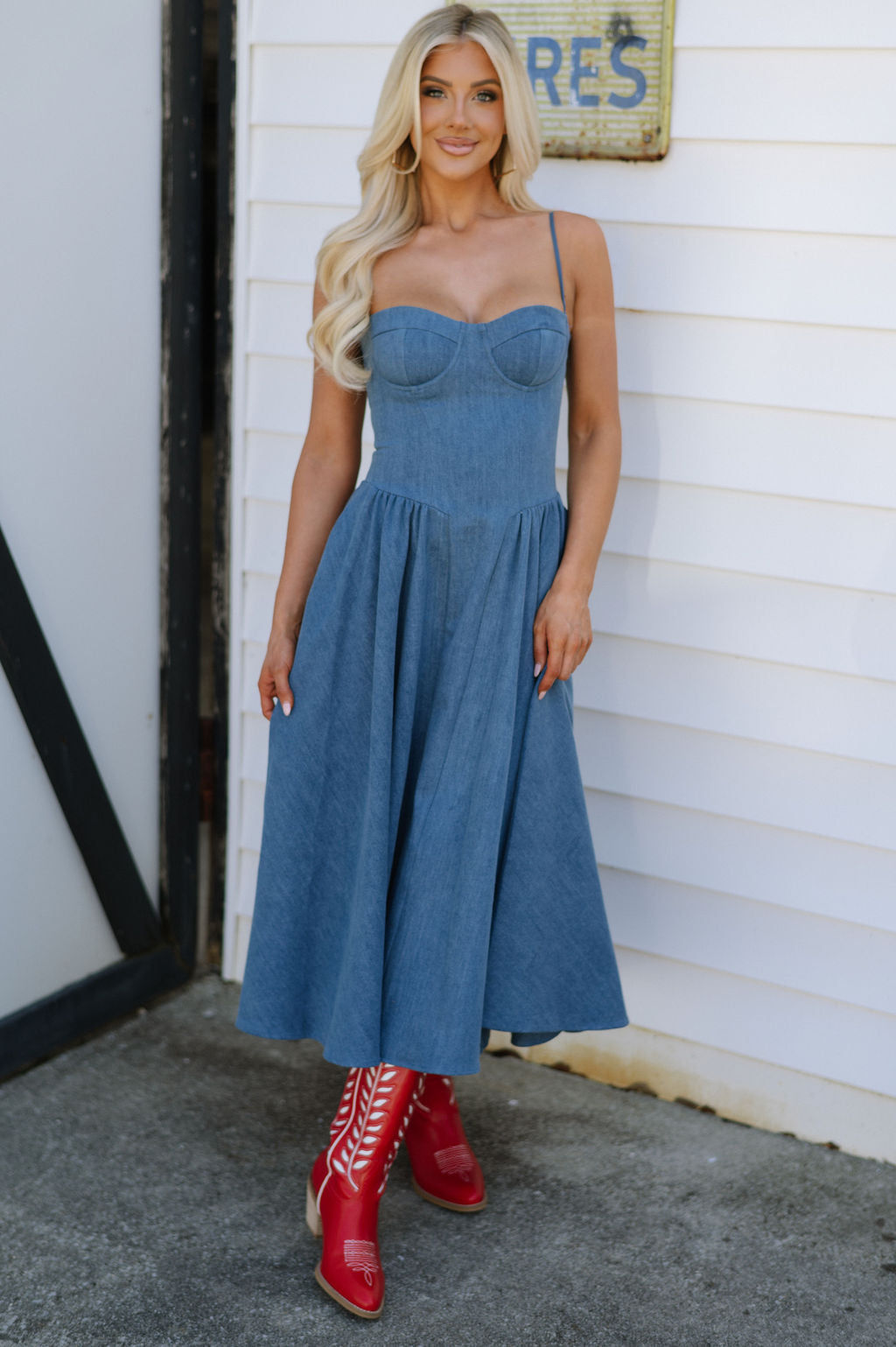 Fit N Flare Midi Dress-Denim