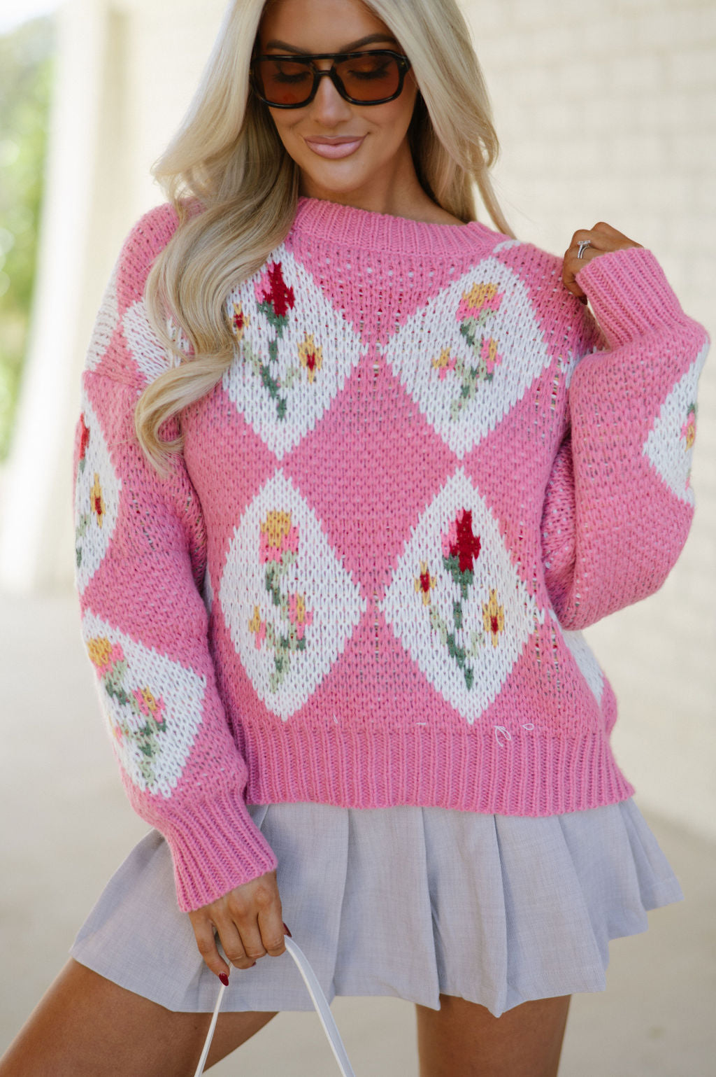 Vintage Flower & Diamond Sweater-Pink