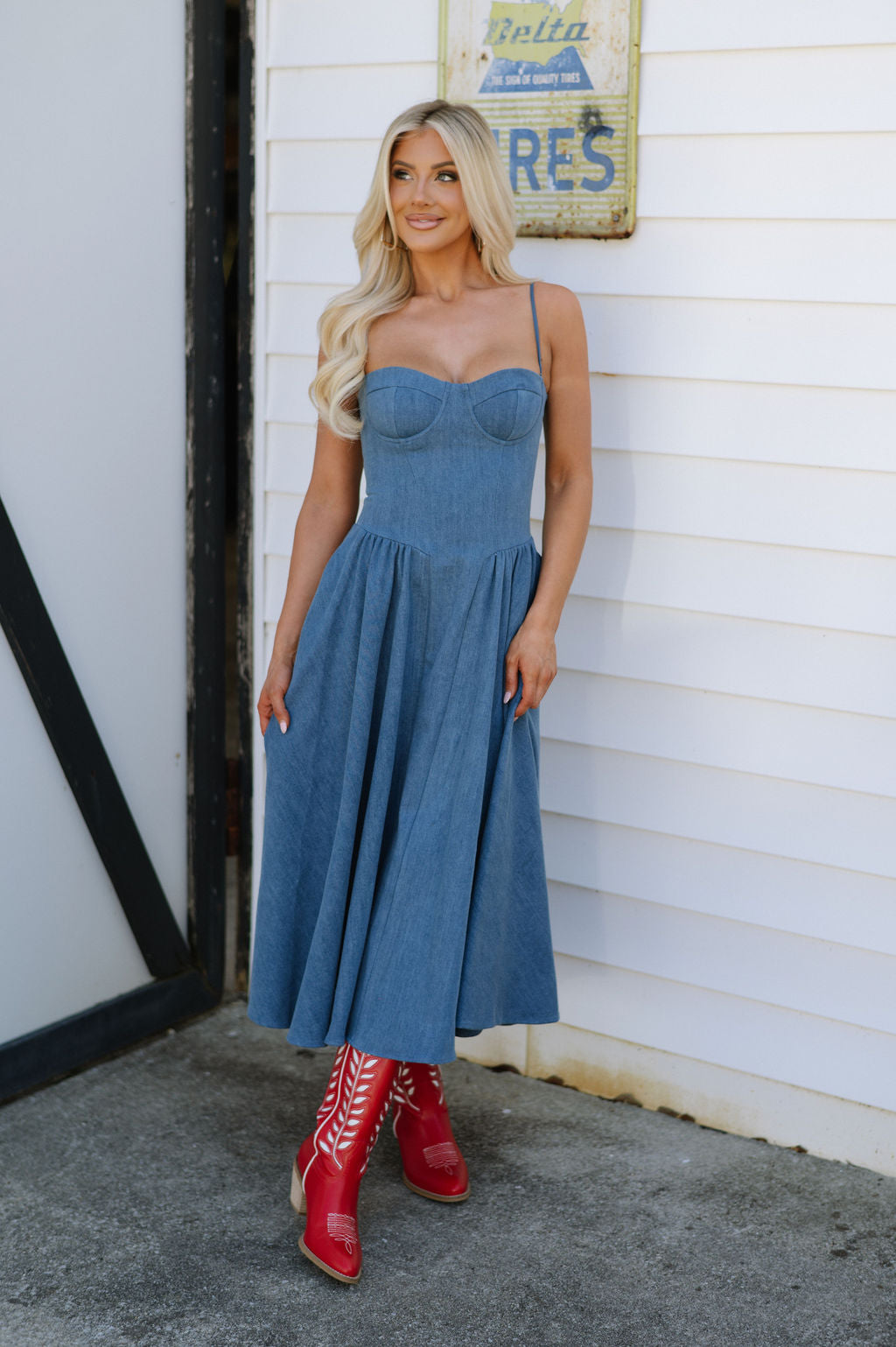 Fit N Flare Midi Dress-Denim