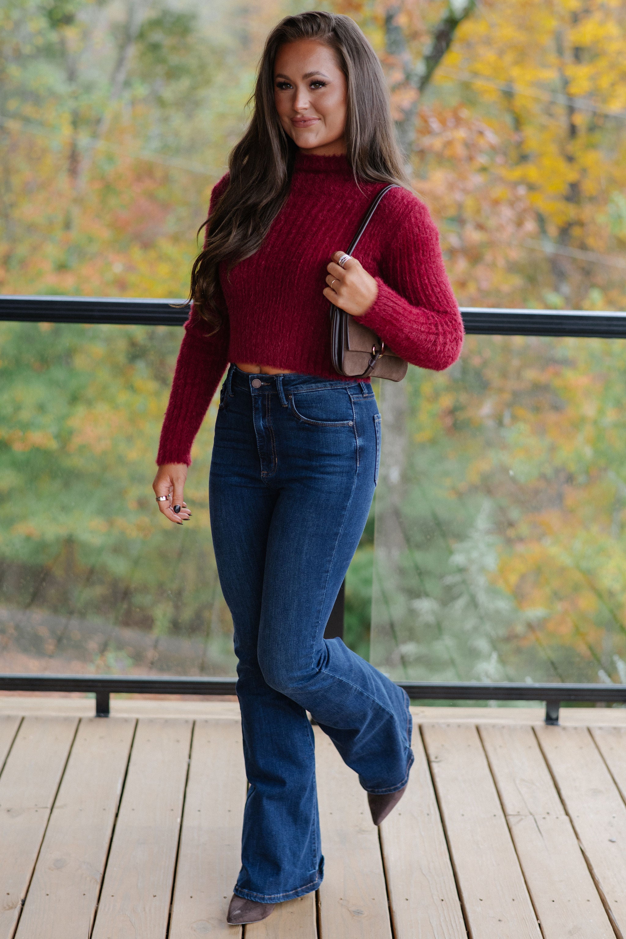 Francie Fuzzy Cropped Sweater-Burgundy