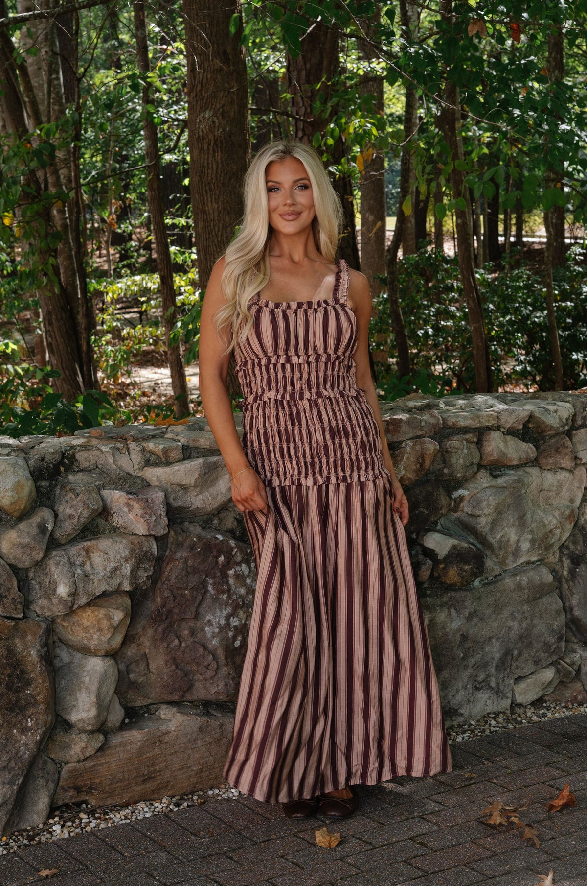 Riley Striped Smocked Maxi Dress-Mocha