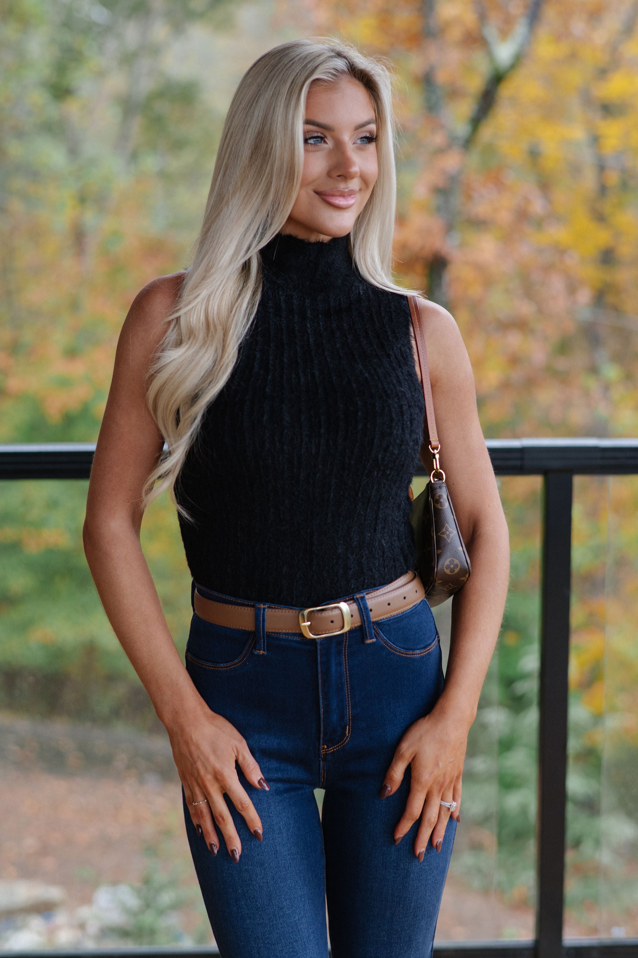 Mock Neck Sweater Tank-Black