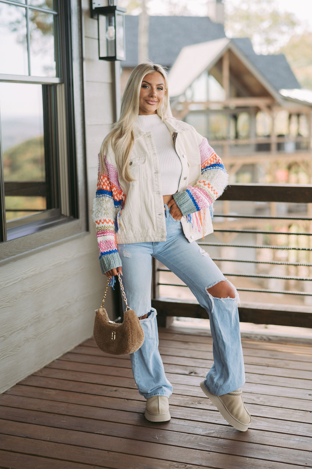 Sweater Knit Sleeve Denim Jacket