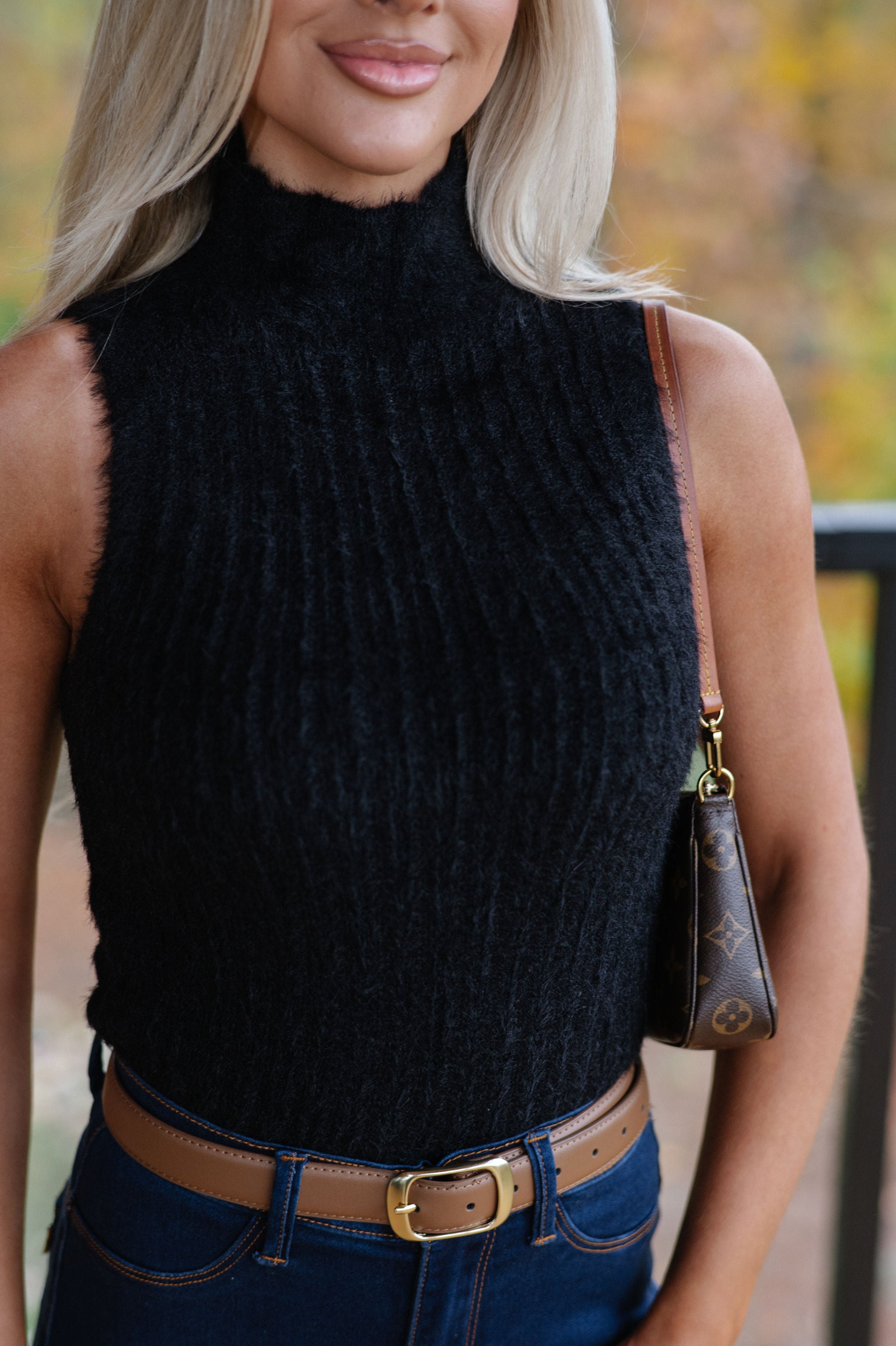 Mock Neck Sweater Tank-Black