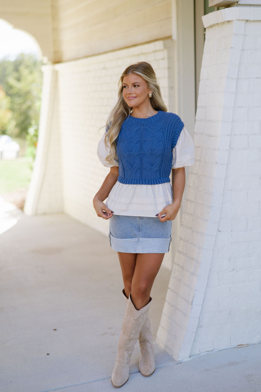 Lori Cable Knit Top-Blue/Ecru