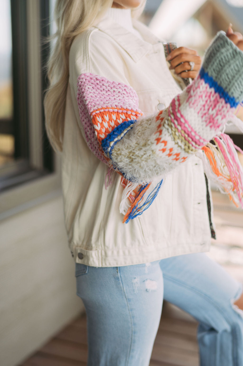 Sweater Knit Sleeve Denim Jacket