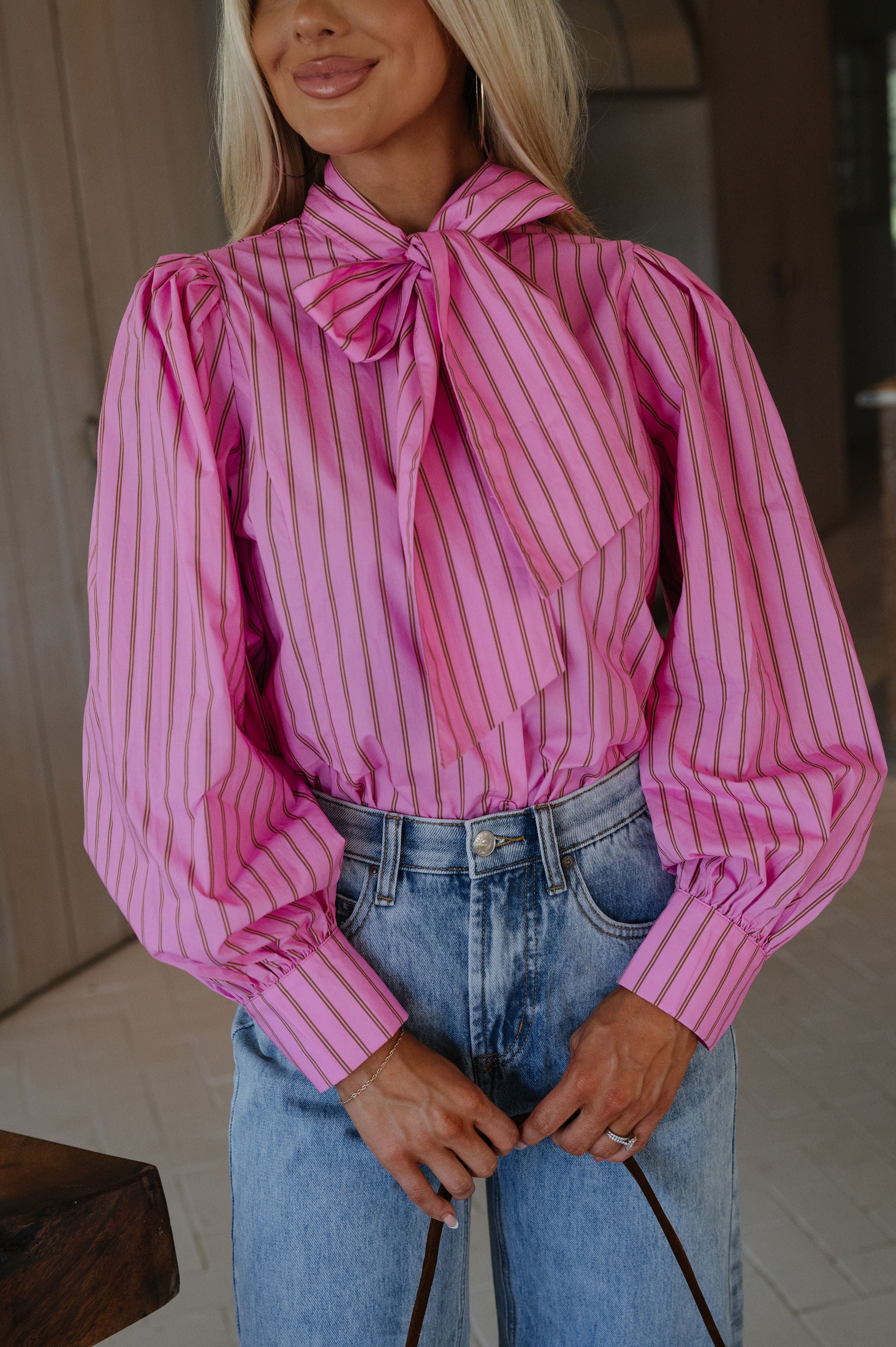 Demi Stripe Bow Tie Top-Pink/Brown