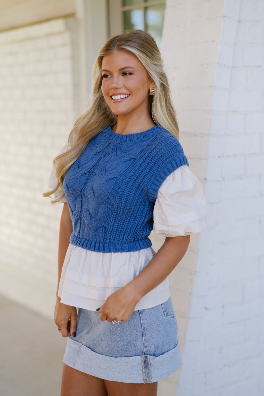 Lori Cable Knit Top-Blue/Ecru