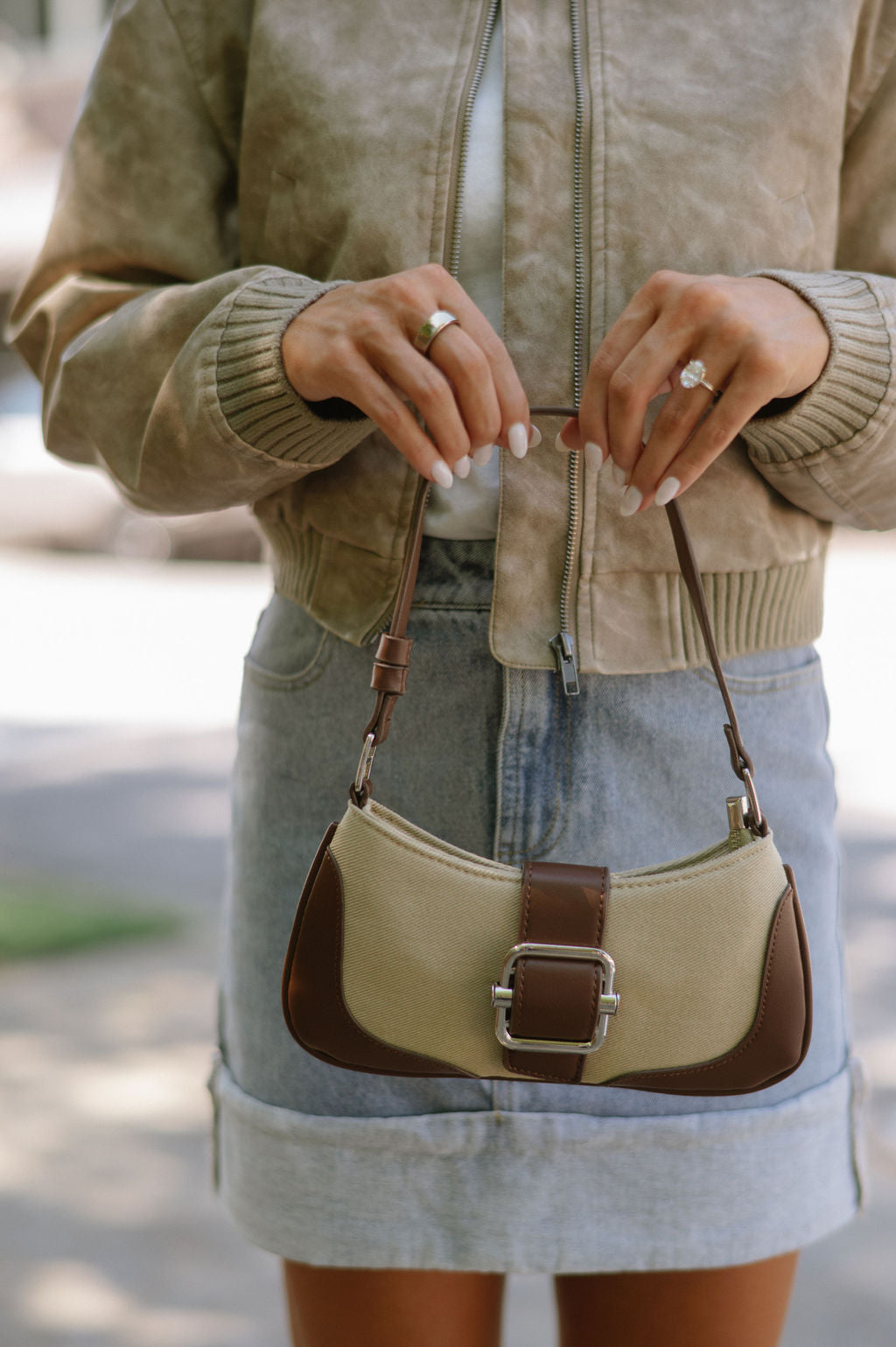 Two Tone Mini Shoulder Bag-Beige/Brown