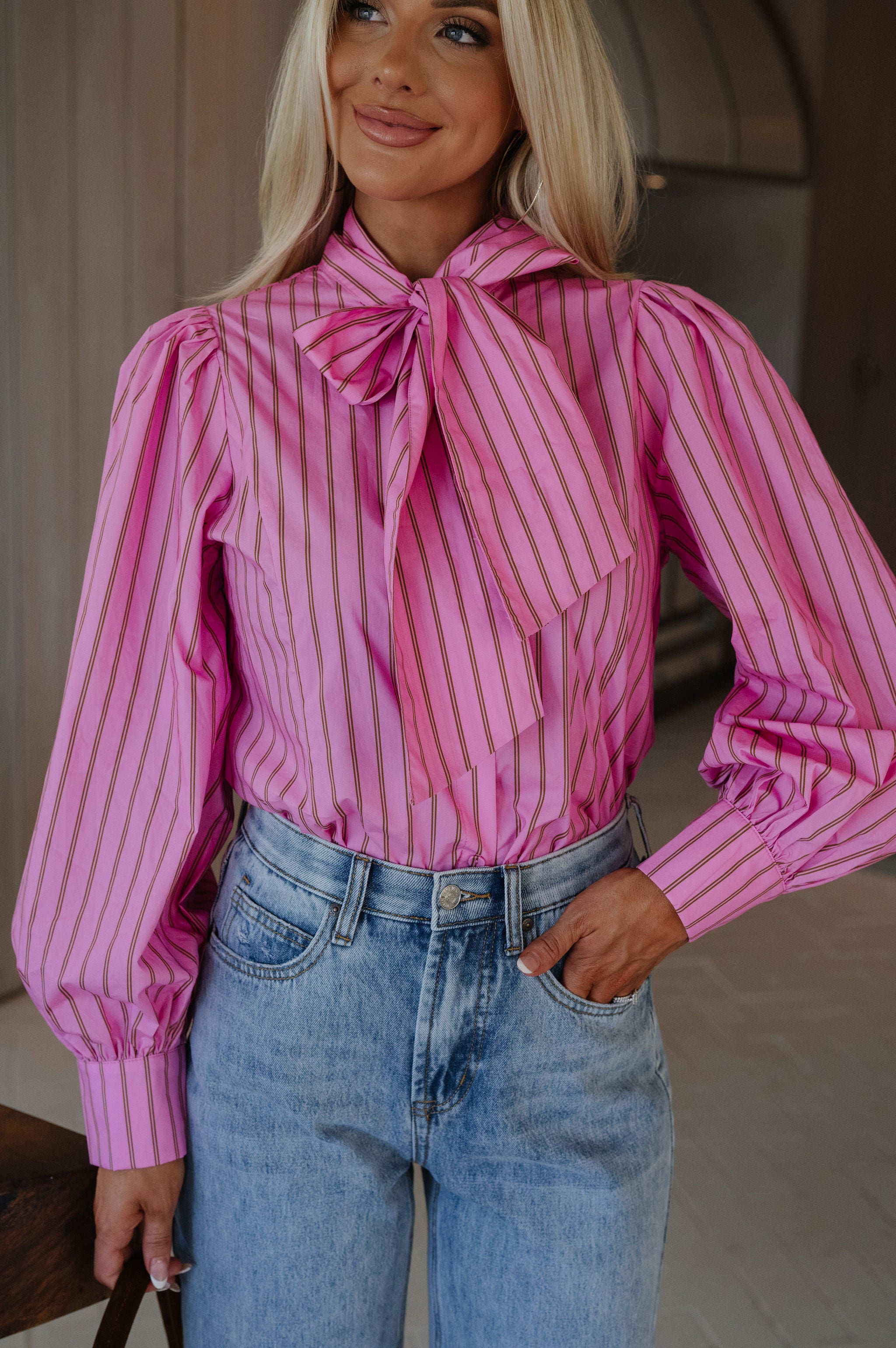 Demi Stripe Bow Tie Top-Pink/Brown