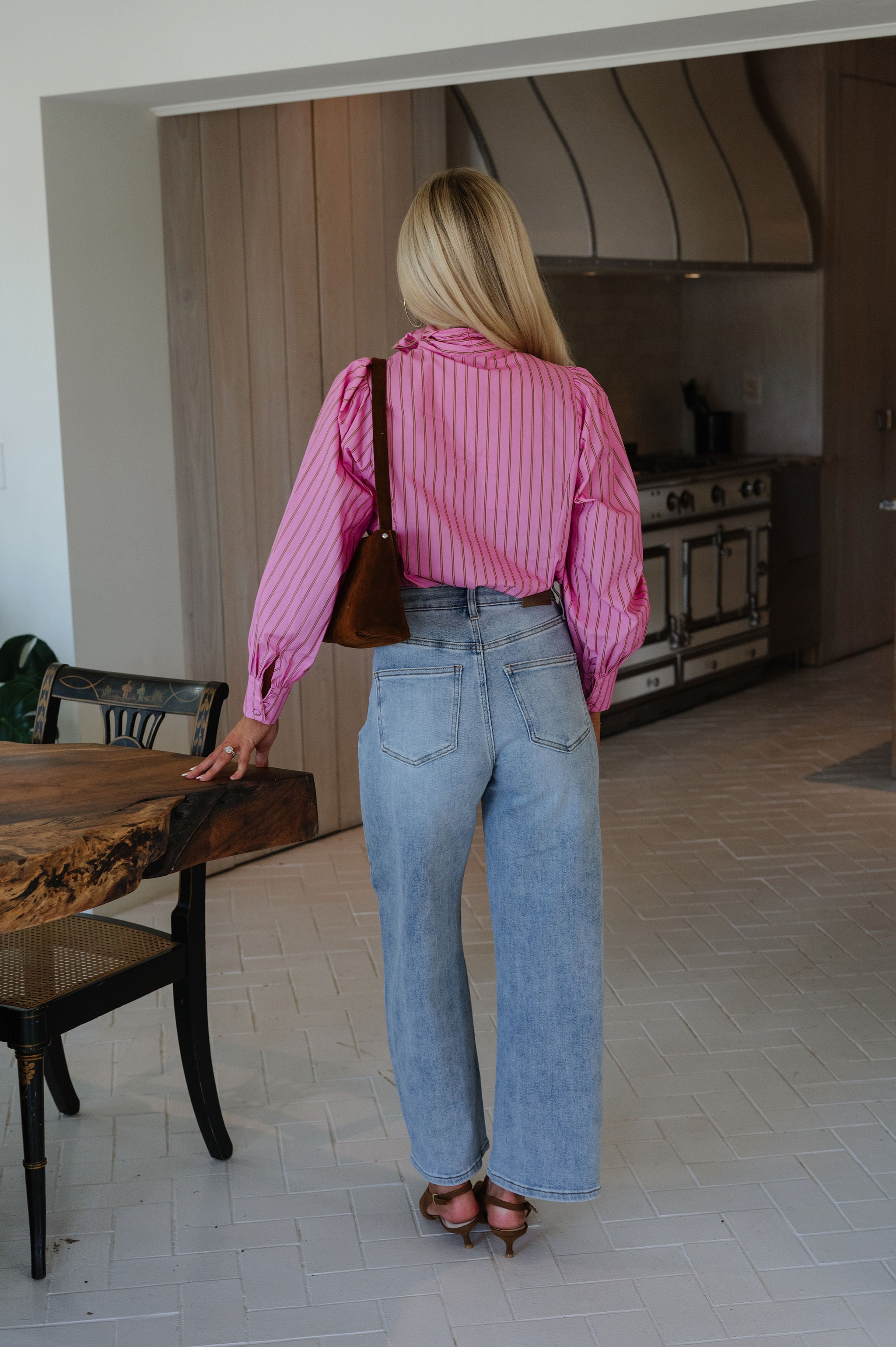 Demi Stripe Bow Tie Top-Pink/Brown